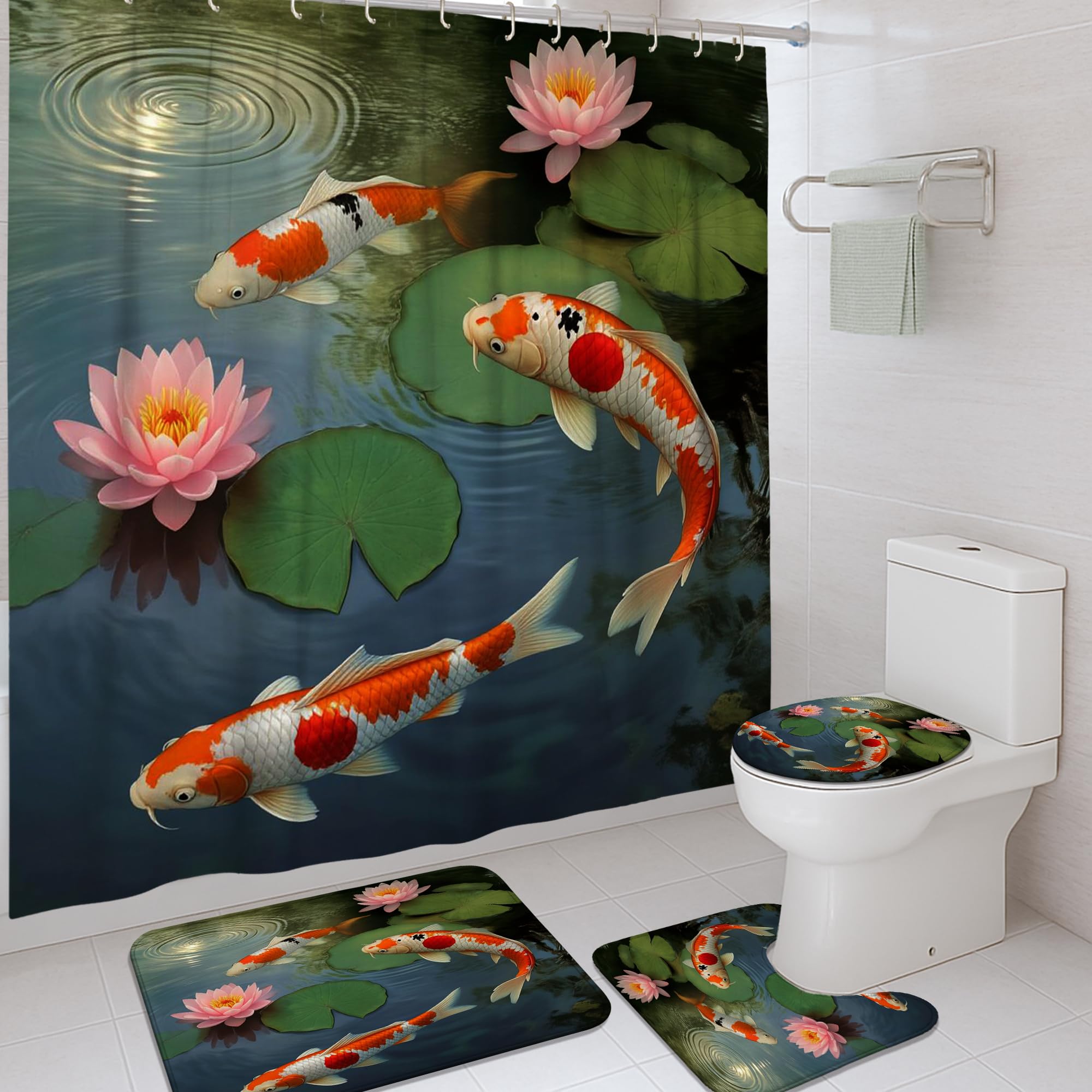 Rideau de douche carpe orange avec tapis de bain et crochets pour la maison