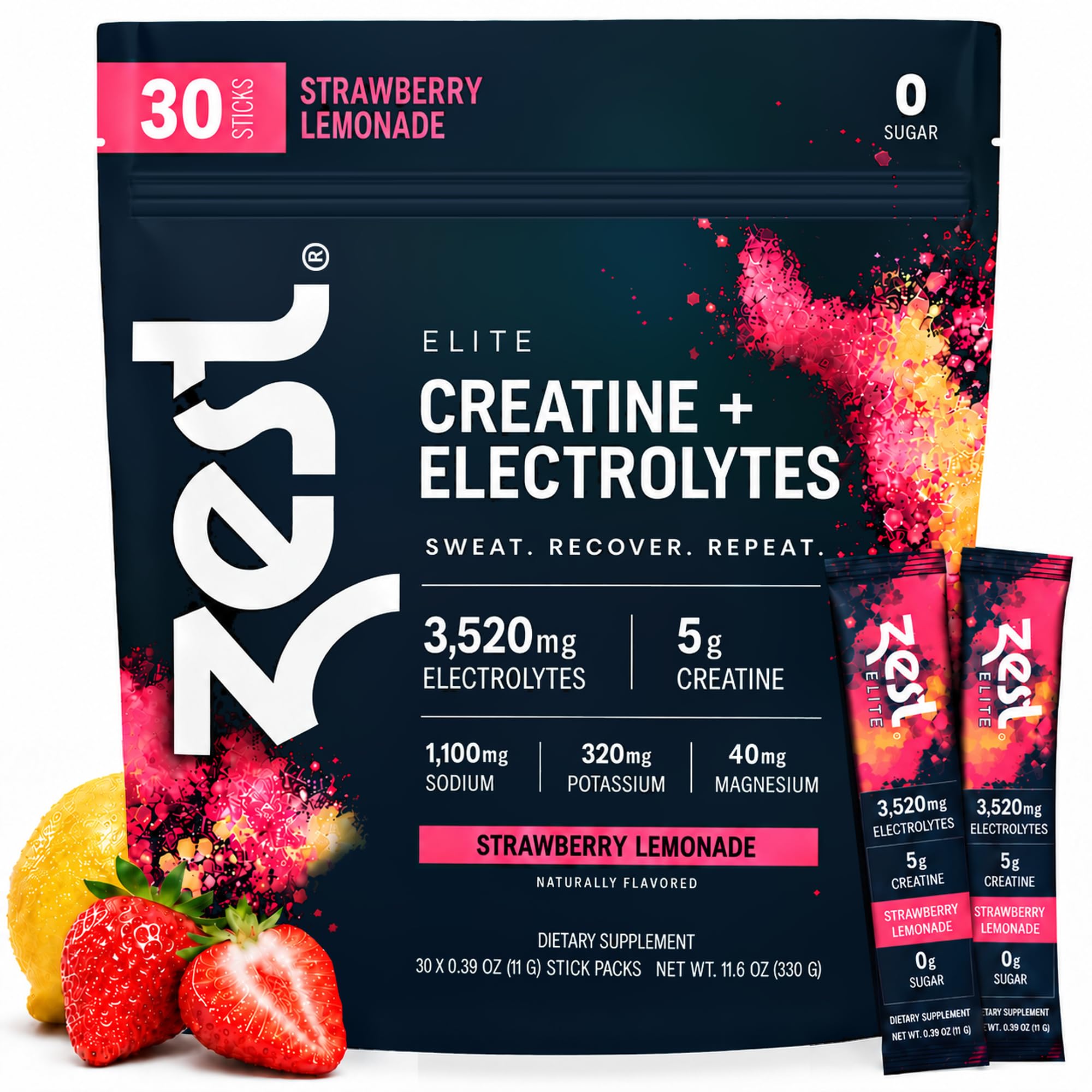 ZEST Elite Creatine + Electrolytes Powder Sticks, Strawberry Lemonade, 30 Pack – Recovery & Hydration – 5g Creatine Monohydrate + 3,520mg Electrolyte Mix, Sugar Free