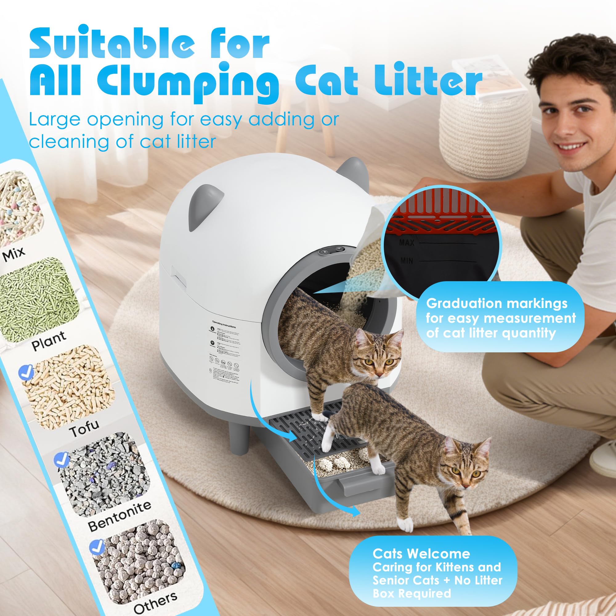 Automatic Cat Litter Box, Self Cleaning Litter Box with APP Control for Multiple Cats, Large Robot Kitty Litter Box with Safety Sensors, Odor Removal, 2 Roll Garbage Bags, 90L Cat Ears Design - image 7