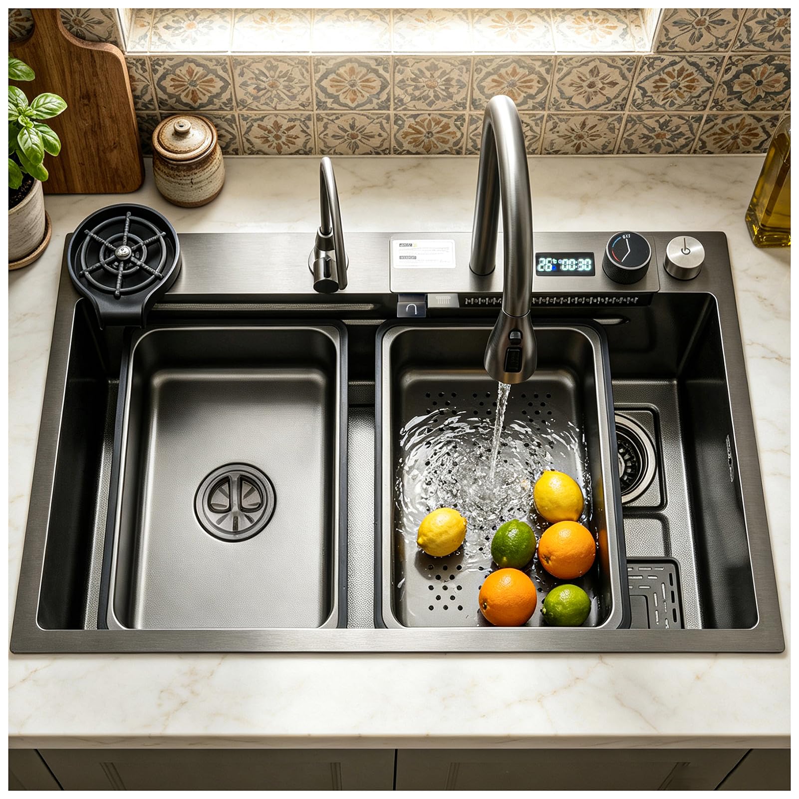 HZKSINNK Kitchen Sink, Black-Grey Finish Stainless Steel Waterfall Sink, Single Bowl Workstation Sink, Bar Sink with Pull-Out Faucet, Cutting Board, Siphon, & Drain Set(Black/#a2,85x45cm)
