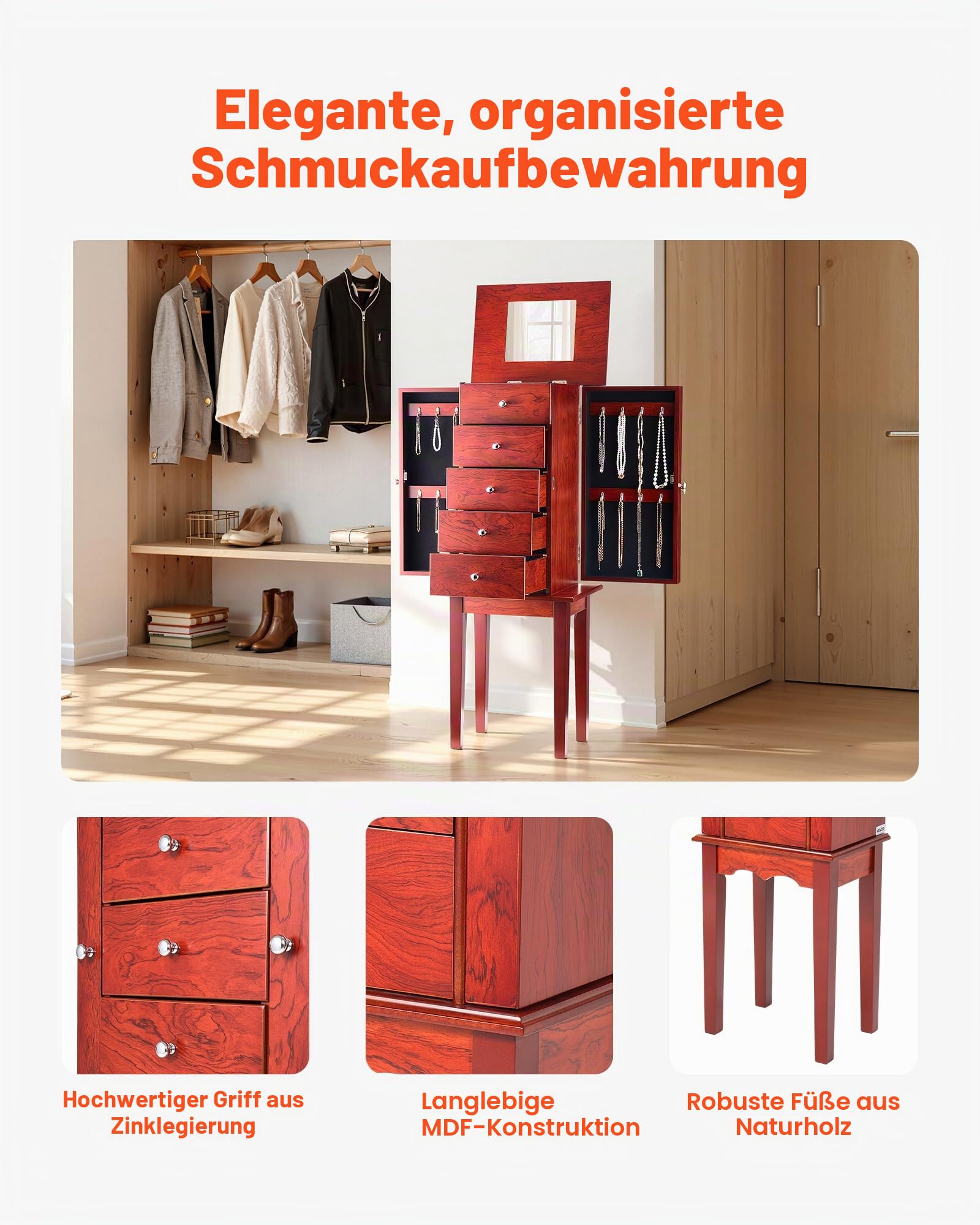 VEVOR Schmuckschrank, stehende Schmucktruhe aus Holz mit 4 geräumigen Schubladen, Klappspiegel, 4 oberen Ablagefächern, Griffen aus Zinklegierung, 2 Seitentüren mit 16 Halskettenhaken
