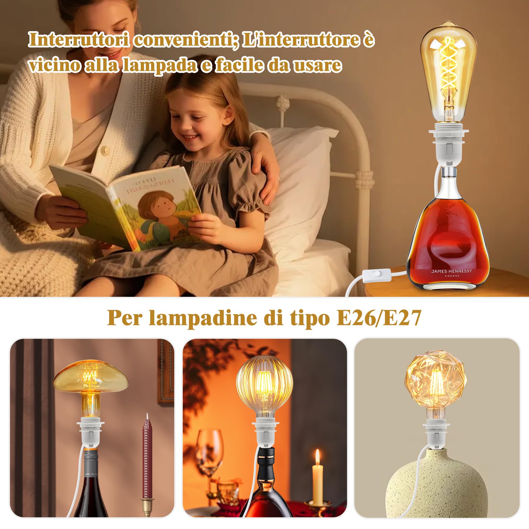 Portalampada E27 Con Interruttore, 3 Pezzi Con Cavo Da 1,8m, Kit Fai Da Te Per Lampadari, Lampade Da Tavolo E Bottiglie, Ideale Per Casa E Giardino