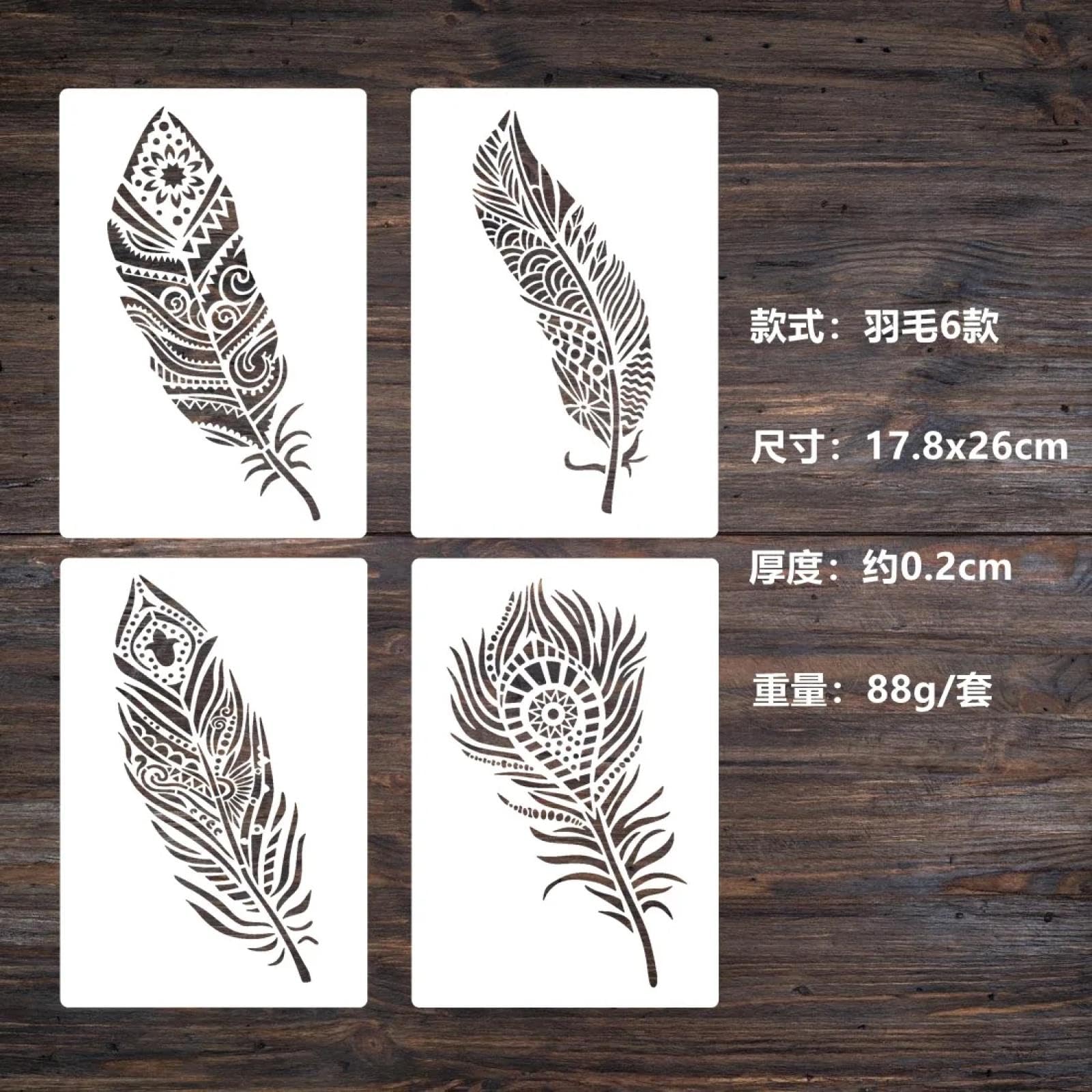 Lot de 6 pochoirs pour peinture, 26 cm, motif plume pour peinture sur bois, mur, toile, tissu, roche, panneaux, projets artistiques de bricolage, décoration d'intérieur
