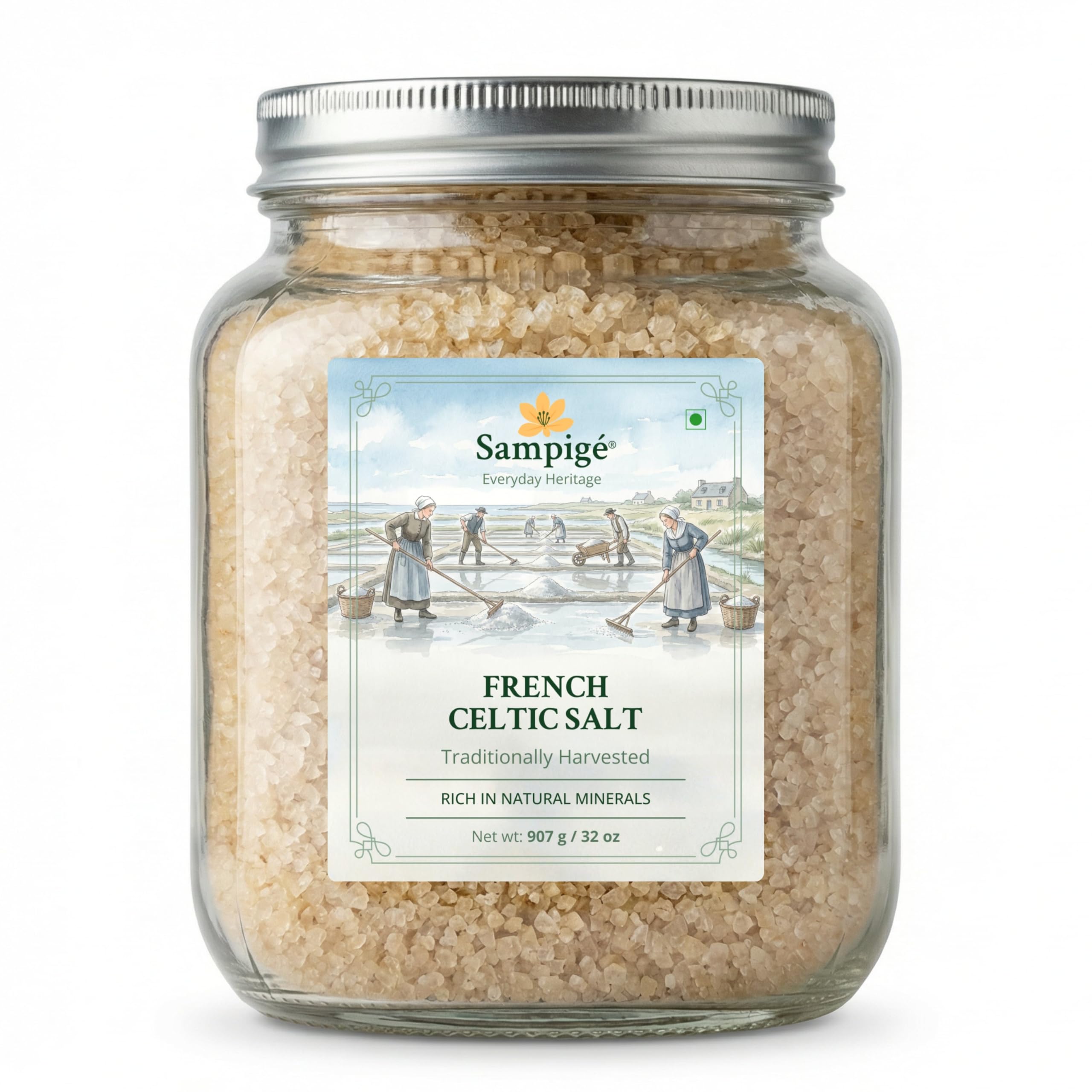 Sampige French Celtic Salt (907 g) | 32oz- 907g | Unrefined Sea Salt from French Coastal Marshes | Traditionally Harvested Celtic Sea Salt for Indian & Global Cooking