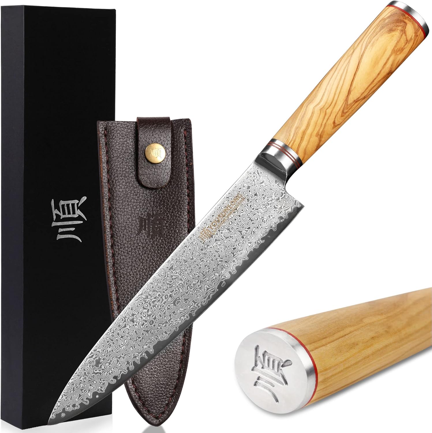 YOUSUNLONG Chef's Knife 8 Inch(20.32cm) Japanese VG10 sharpest kitchen knife 67 layer Damascus high carbon stainless steel knife - Italian olive wood with Leather Sheath