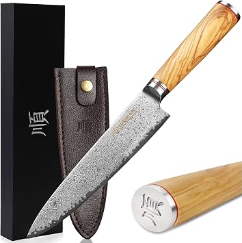 YOUSUNLONG Chefs Knife 8 Inch20.32cm Japanese VG10 sharpest kitchen knife 67 layer Damascus high carbon stainless steel knife - Italian olive wood with Leather Sheath