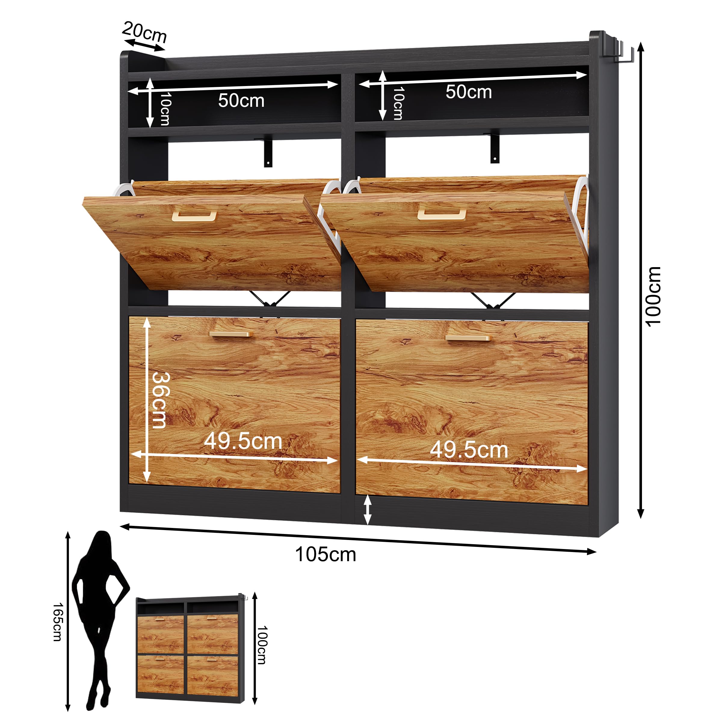 Zapatero 4 Puertas 20cm Estrecho Mueble Zapatero con 2 Compartimentos de Almacenamiento para 12-16 Pares de Zapatos，para Sala de Estar, Pasillo de Entrada, 105,5x20x100cm Negro Naranja