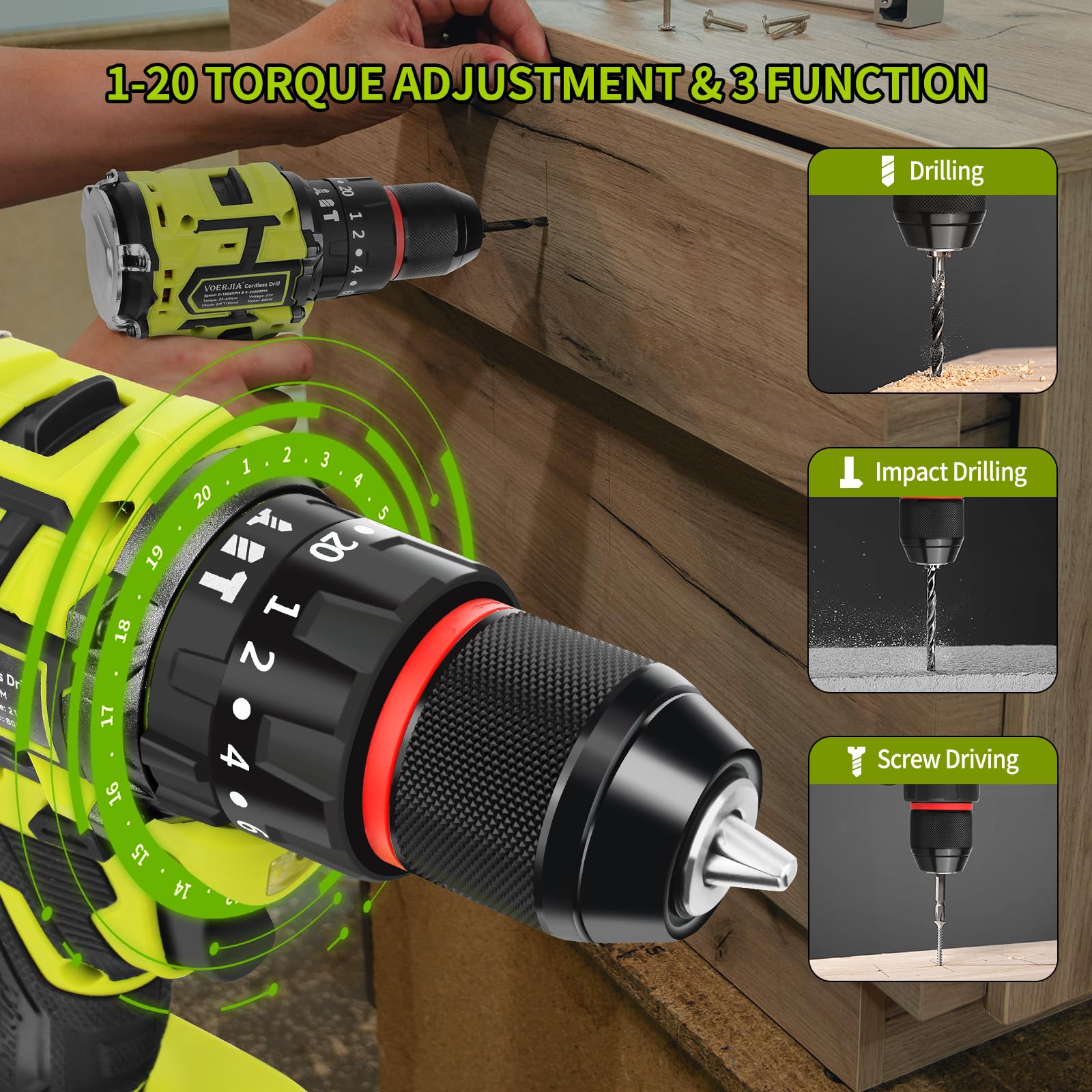 VOERJIA Akku Bohrschrauber, bürstenloser 21V Bohrschrauber mit 2 Akkus 2000 mAh, 20+3 Drehmoment, 3/8-Zoll-Bohrfutter, 65 Nm max, 2-Gang-LED-Bohrersatz, 46-teiliges Heimwerker für Zuhause