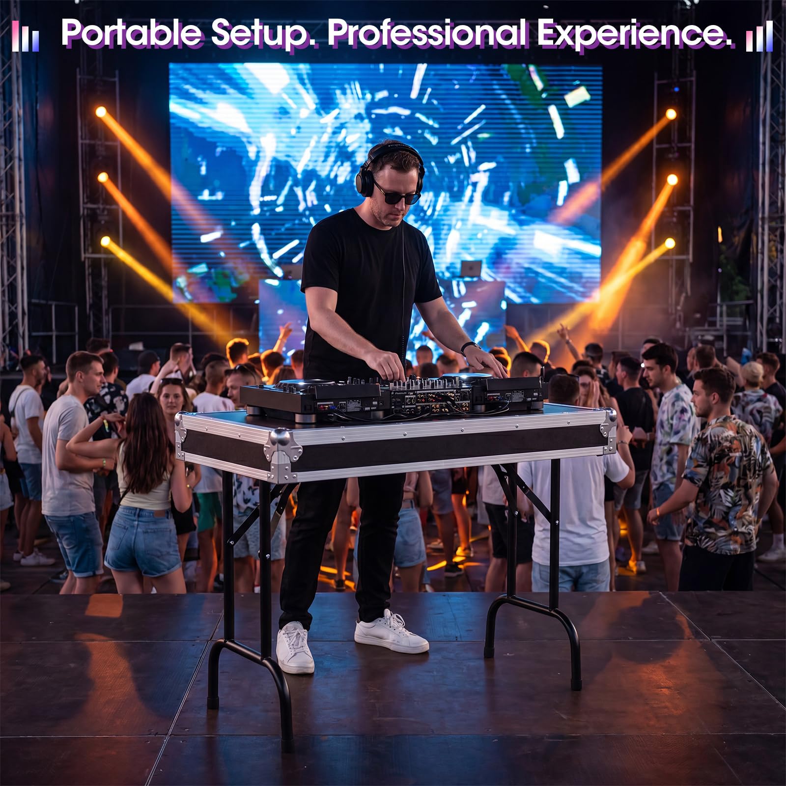 Tandefio Tragbarer, 91,4 cm breiter DJ-Tisch-Arbeitsplatz, Sperrholz, ausklappbarer DJ-Ständer mit Flugkoffer, 76,2 cm Höhe, robuster Tischständer für Controller, Laptop und Mixer, einfacher Transport