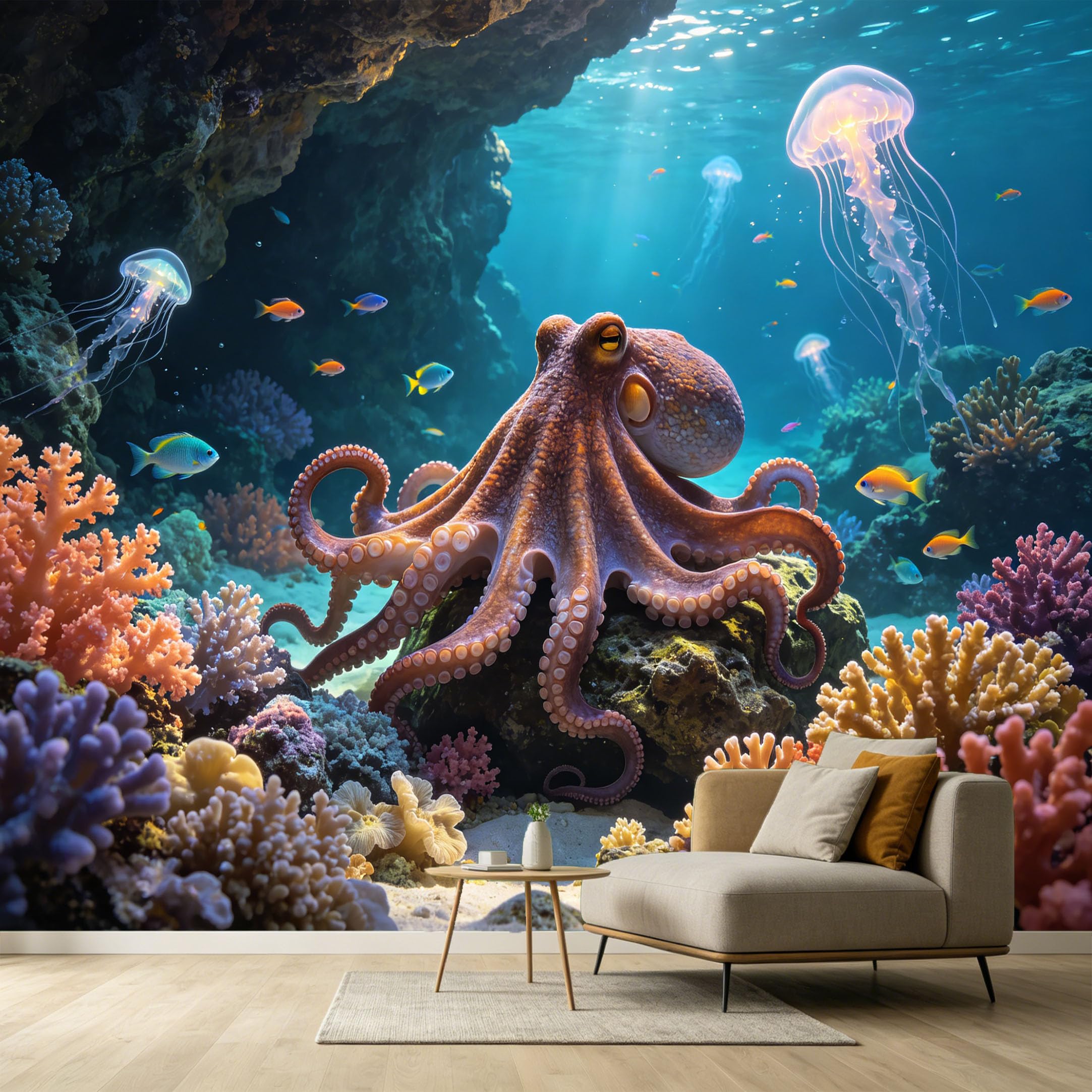Custom Size Wall Murals Ocean Marine 3D Trompe L'Oeil Octopus Jellyfish Coral Reef SelfAdhesive Wall Fabric Removable Large Wallpaper for Photo Living Room