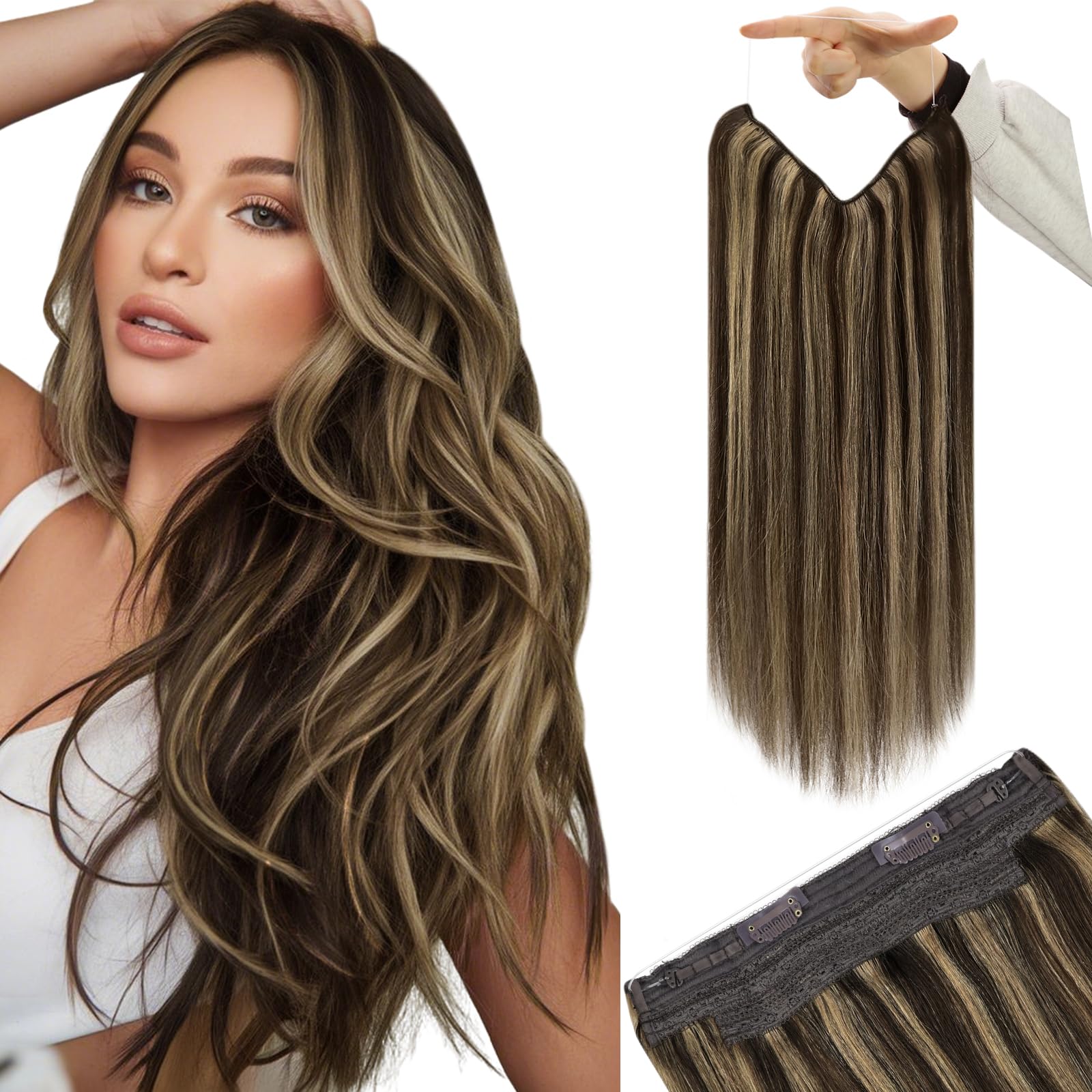 YoungSee 135G Brown Wire Hair Extensions Real Human Hair Highlight Hair Extensions Invisible Wire Dark Brown Highlights Blonde Dyable Fish Line Human