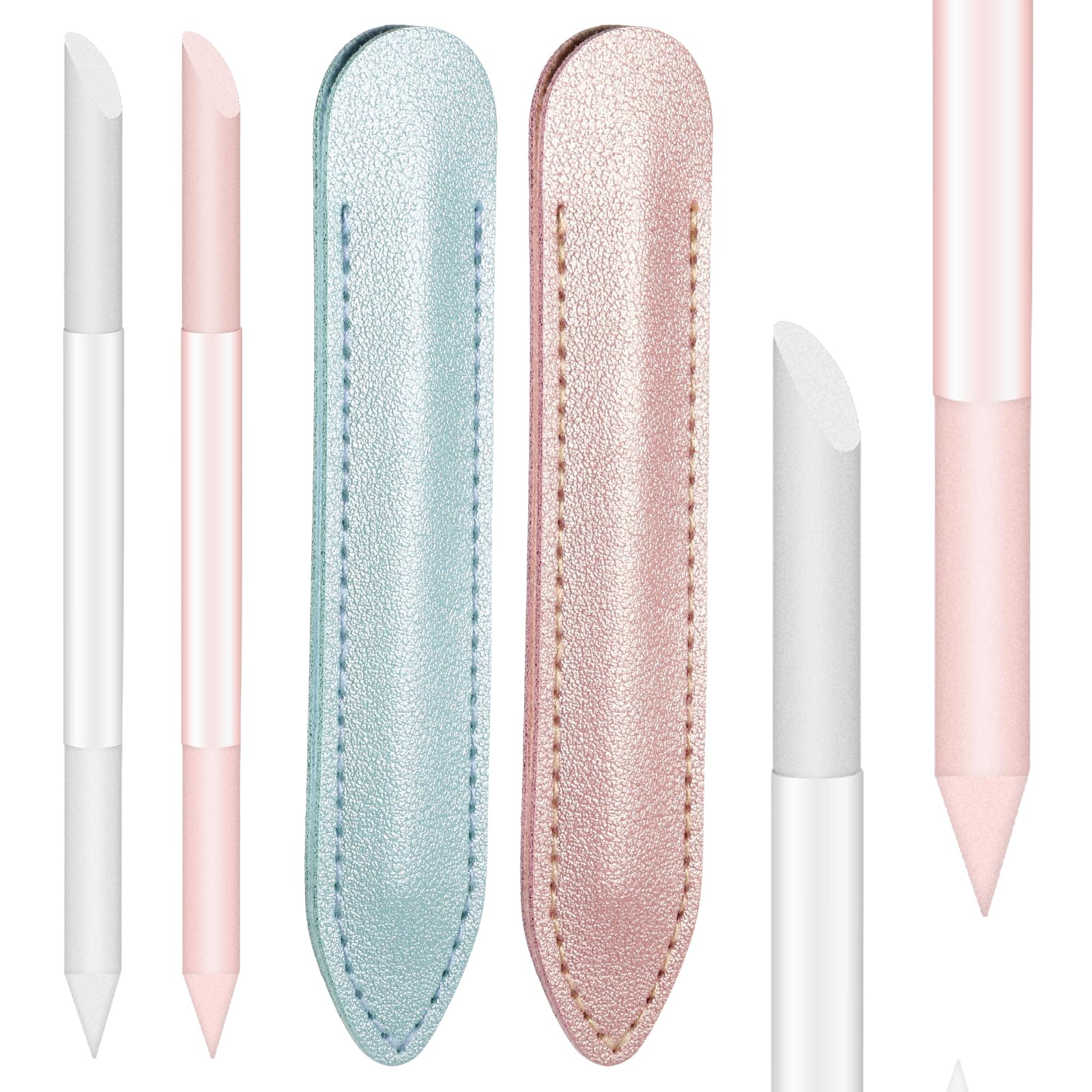Glass Cuticle Pusher Set of 2 Crystal Cuticle Remover Tool with Leather Case Nail Trimmer Professional Double Sided Glass Manicure Stick Angled Nail Filing Pusher, Pink, Blue Pink+Blue