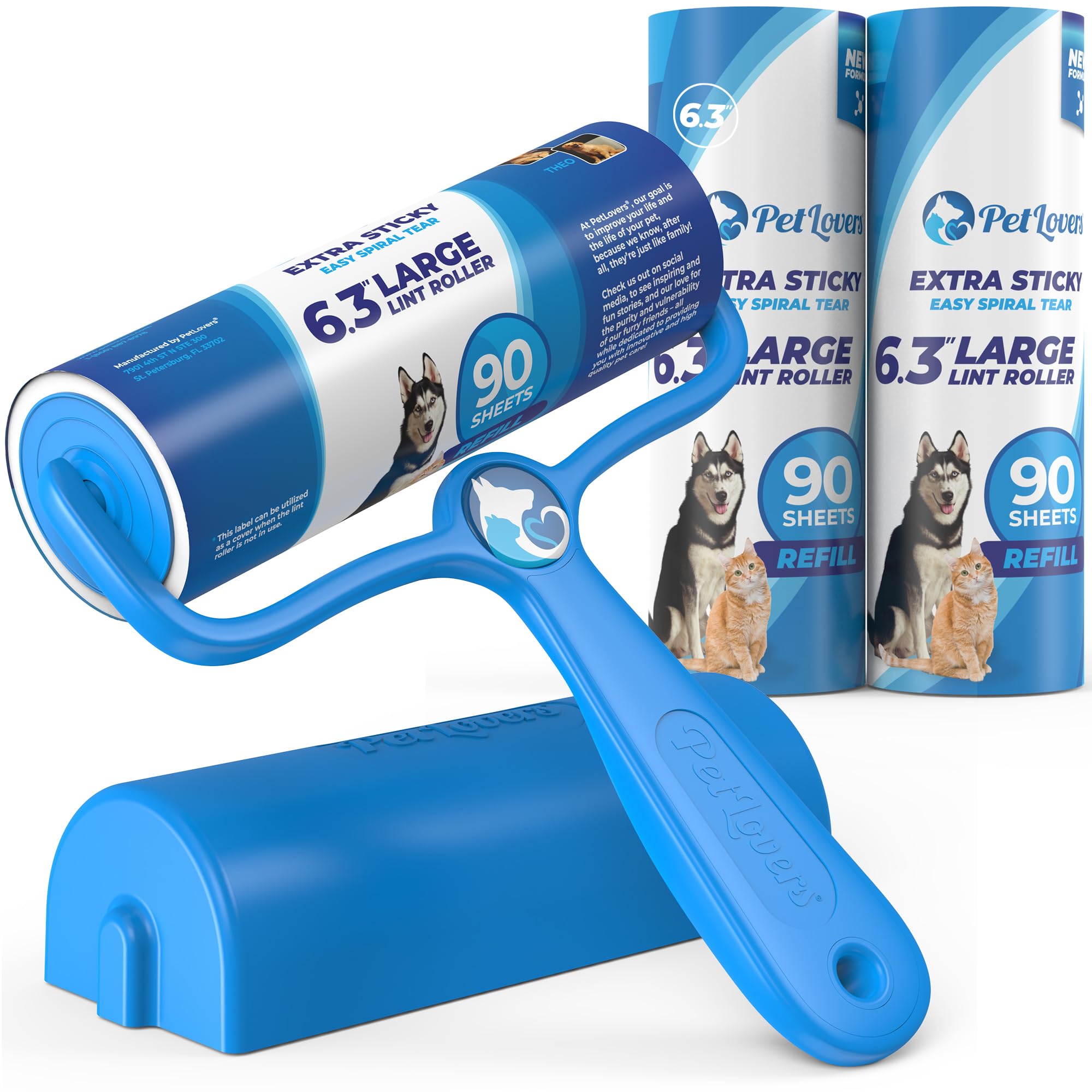 PetLovers Rullo Adesivo Grande da 6,3“ per Peli di Animali Extra Appiccicoso 270 Fogli, Ideale per Rimuovere i Peli di Animali da Mobili e Vestiti, Rullo Adesivo per Cani e Gatti