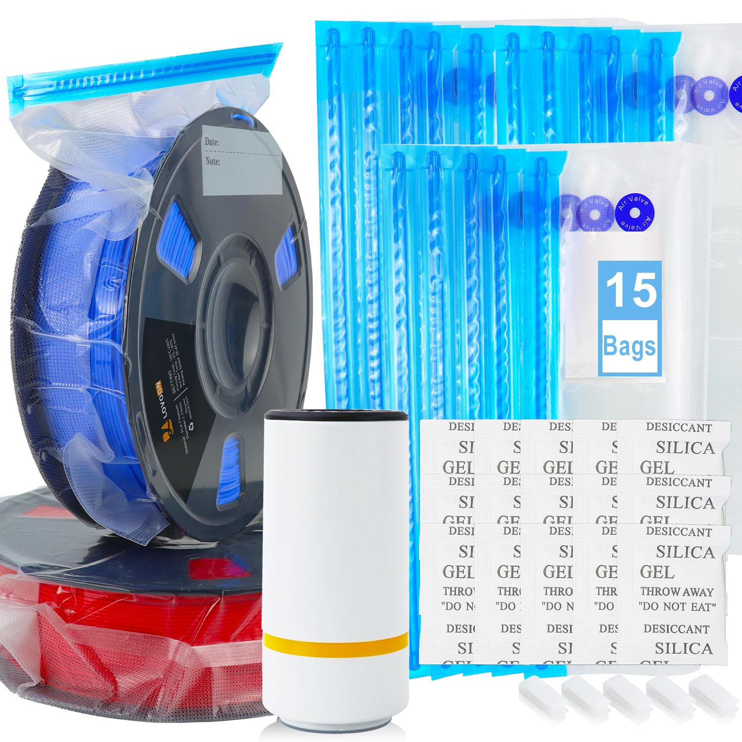 LOVOON Filament Storage Bags 15pcs, 3D Printer Filament Storage Bags Vacuum Sealed Kit with 15pcs Desiccant, Auto Pump, Perfect for 3D Filament Storage or Using After Filament Dryer Box Auto Pump& 15 Bags