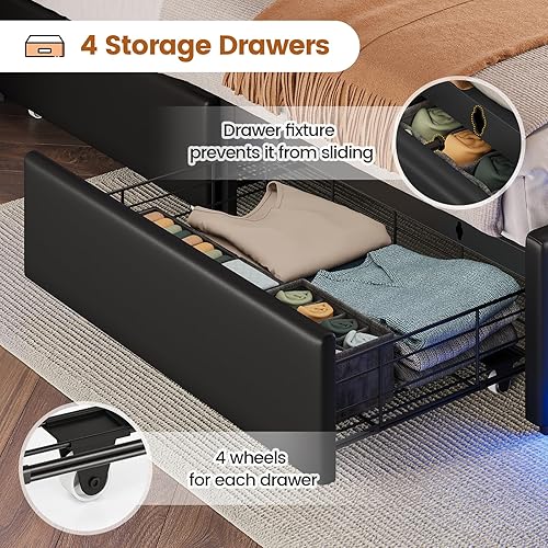 Miniatura 6 de BTHFST Base de cama Queen con 4 cajones y cabecera de almacenamiento oculta, marco de cama LED tamaño Queen con estación de carga, cama tapizada con