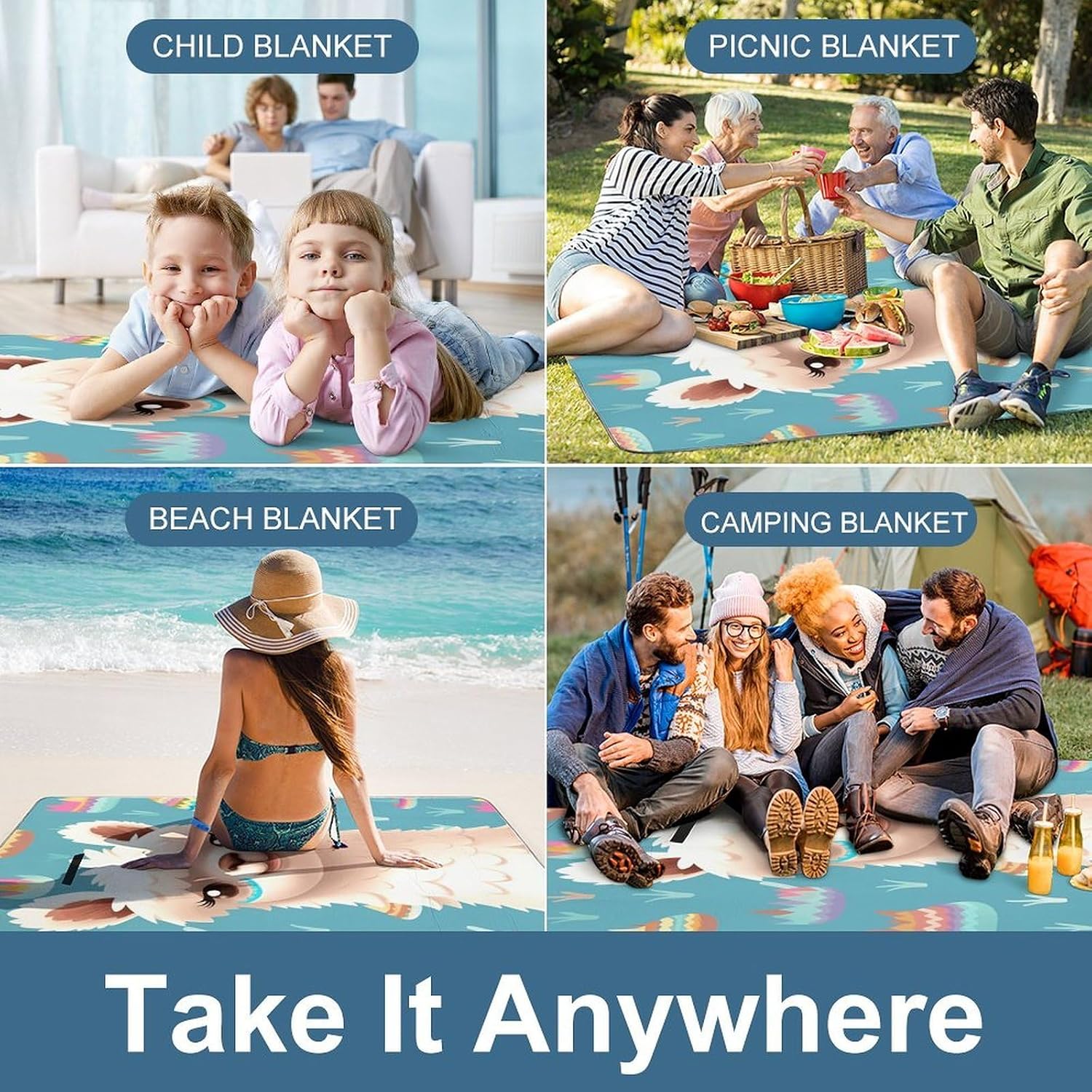Alpaca Patterm Waterproof Picnic Blanket 58.3''x58.3'',Portable and Foldable Picnic Mat with Handle,Outdoor Blankets for Lawn Park Beach Travel