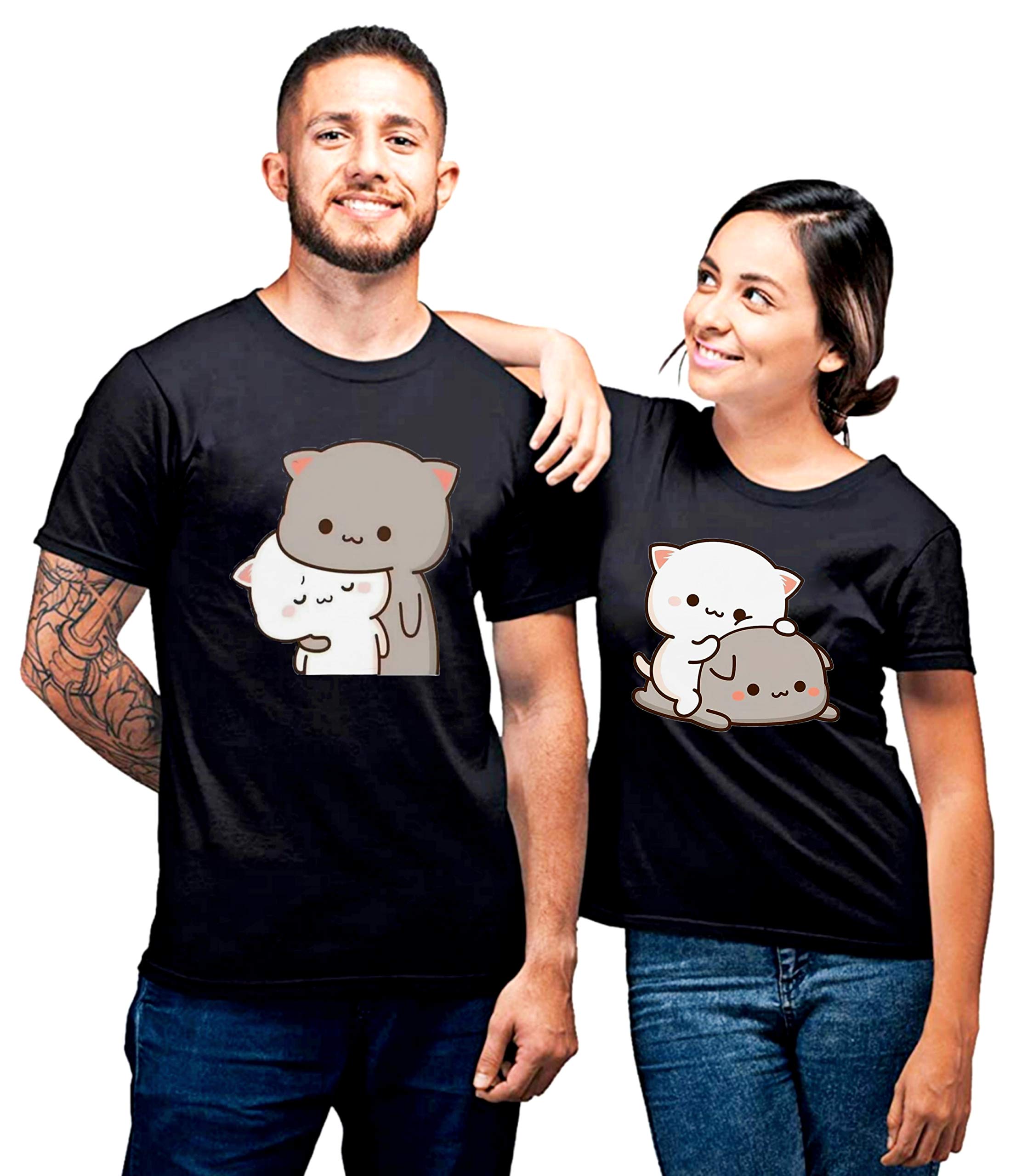 GenericSQ Exports Couple Combo Half Sleeves Peach Goma 4 Design Cotton T-shirts