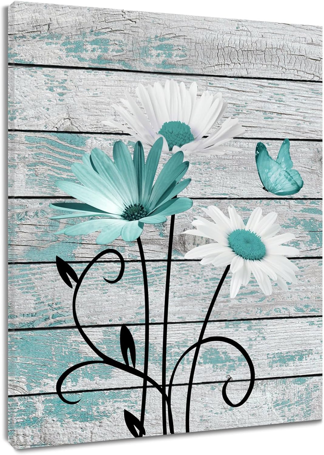 HVEST Farmhouse Floral Wall Art for Living Room, Teal and White Daisy Flower and
