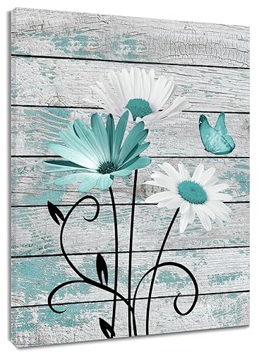HVEST Farmhouse Floral Wall Art for Living Room, Teal and