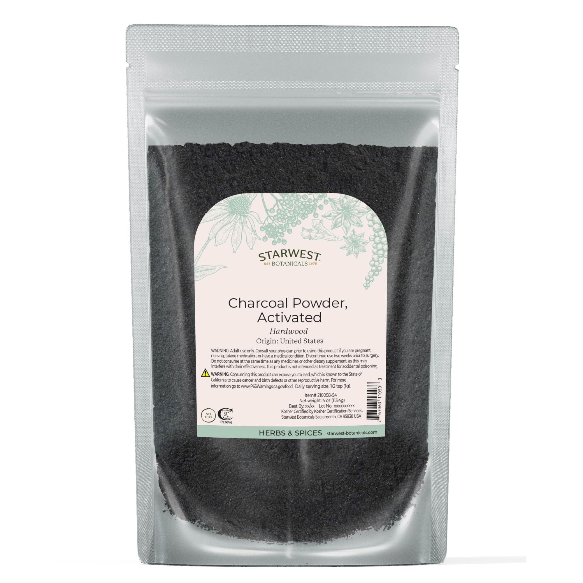 Starwest Botanicals Activated Hardwood Charcoal Powder - Use for Teeth Whitening, Face Masks, Skin Care, & Cleaning, Food Grade as a Processing Aid, Certified Kosher - 4 oz Bag