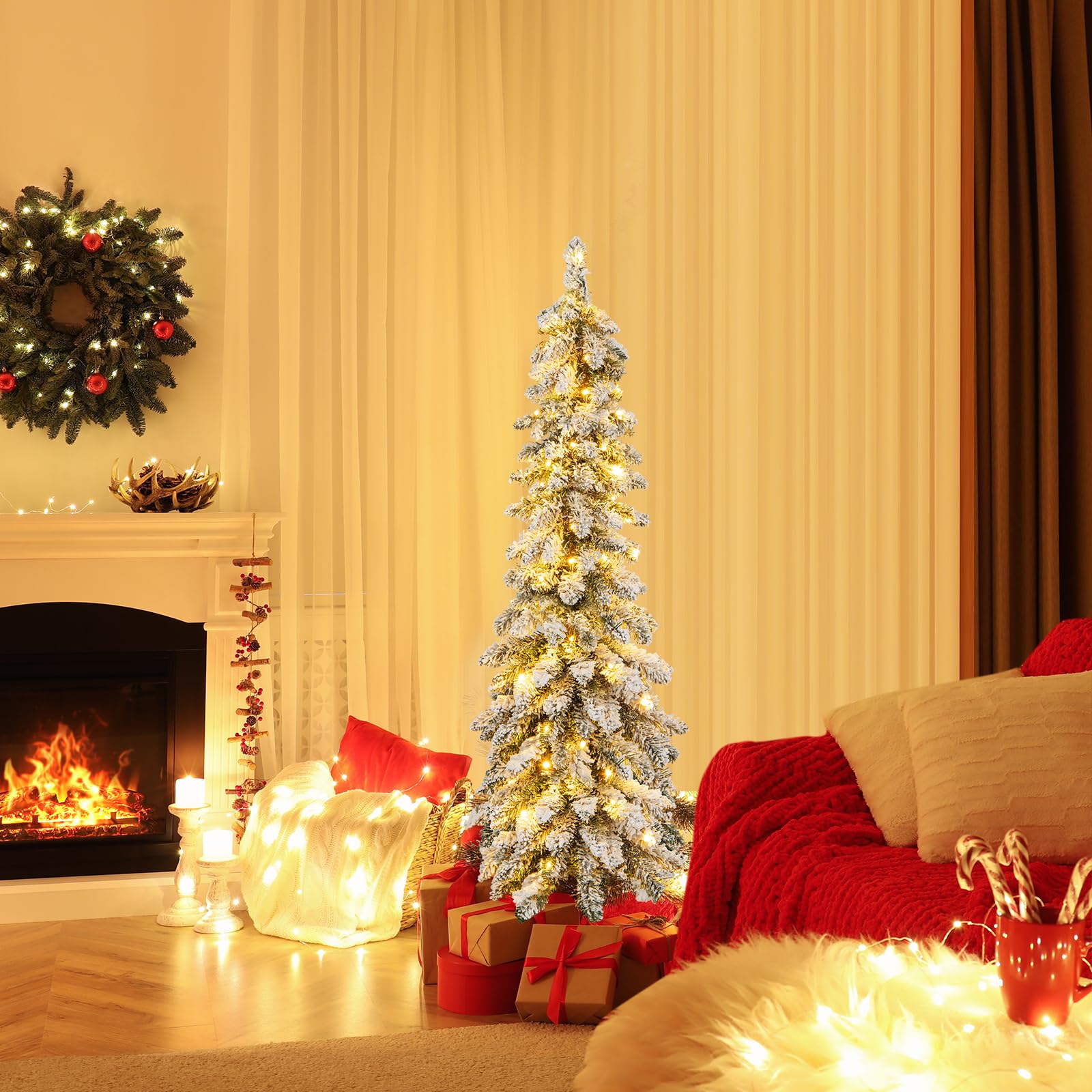 COSTWAY 120cm Bleistift Weihnachtsbaum mit Schnee, LEDs in warmweiß und bunt | 11 Lichtmodi | Timer, künstlicher Tannenbaum mit Beleuchtung & Metallständer, Christbaum Kunstbaum Weihnachten, Weiß