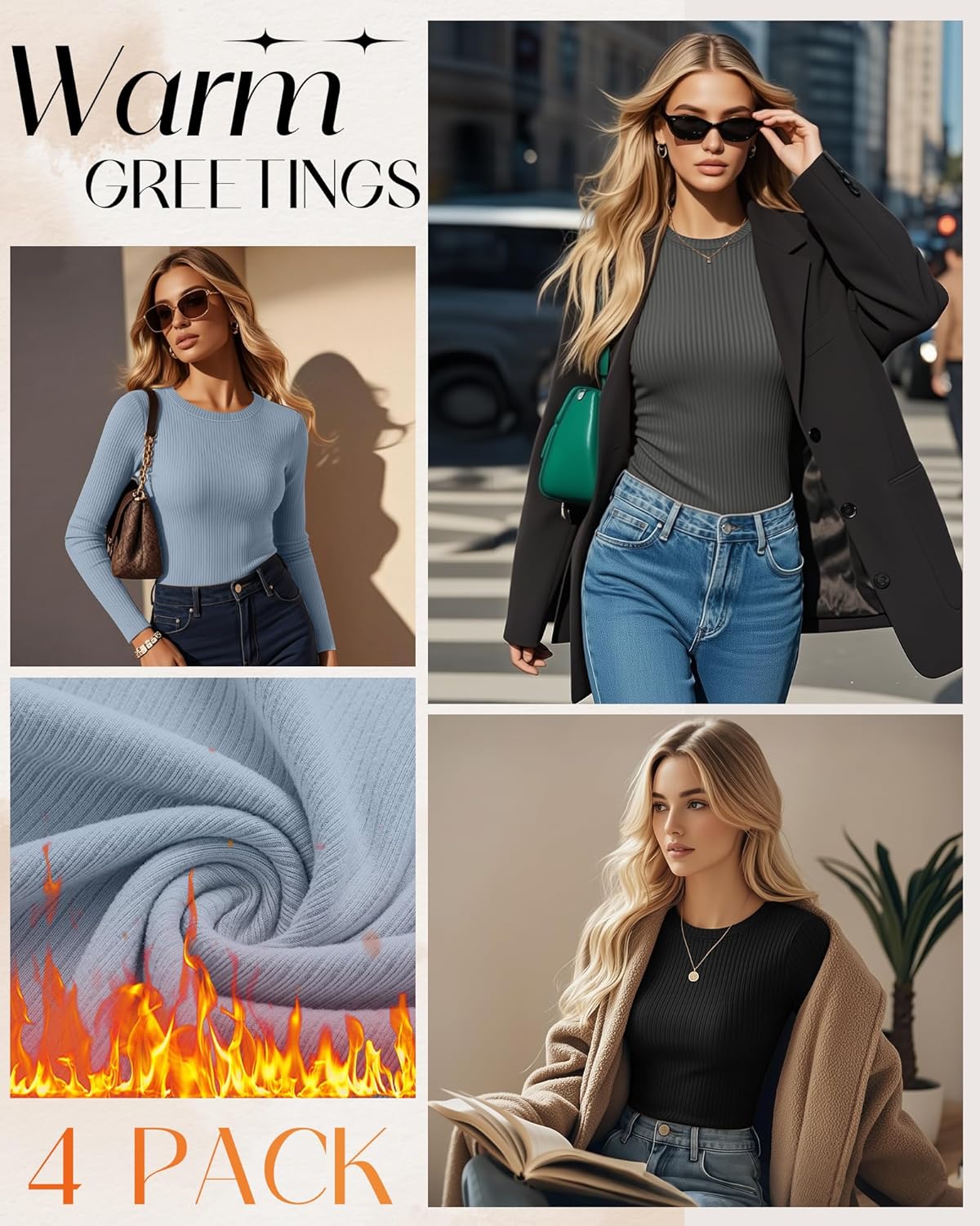 4 Pack Women's Thermal Long Sleeve Shirt Ribbed Cotton Slim Tops Crew Neck Basic Undershirt Stretch Layer Blouses
