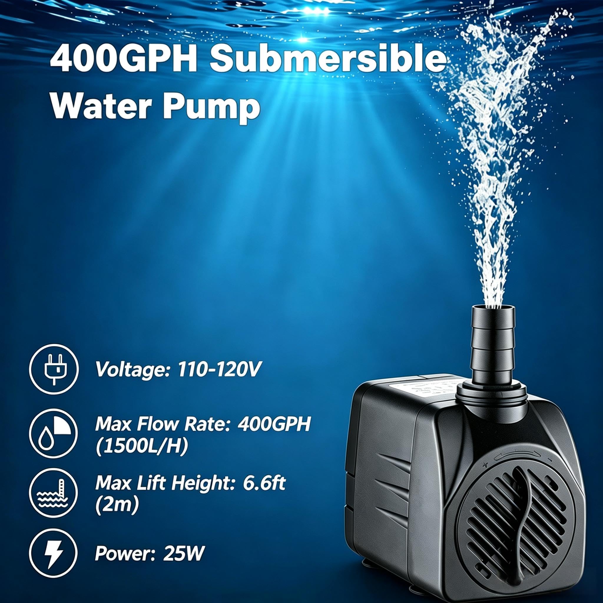 Pompa wodna 400 GPH, bardzo cicha praca, 25 W, do akwarium, staw rybny, pompa hydroponiczna, wysokość 2,0 m, 1,8 m, dwupinowy kabel sieciowy, 3 dysze (1,3 cm / 1,6 cm / 1,9 cm)