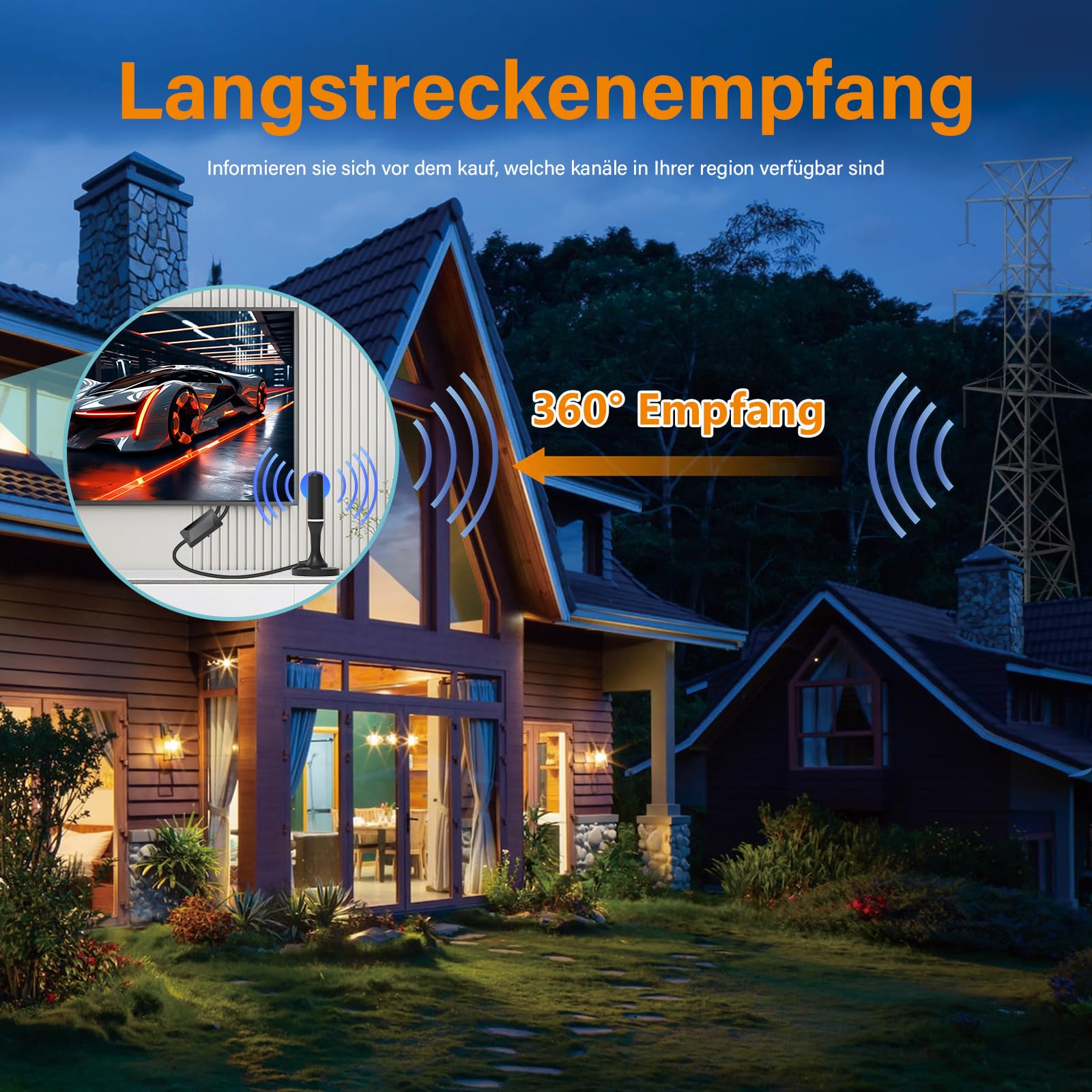 DVB-T2 Antenne, TV Antenne Indoor Zimmerantenne für Fernseher mit Verstärker, Magnetfuß, 3m Kabel, 360° Allroundempfang, 4K/1080p kostenlose Digitale Kanäle