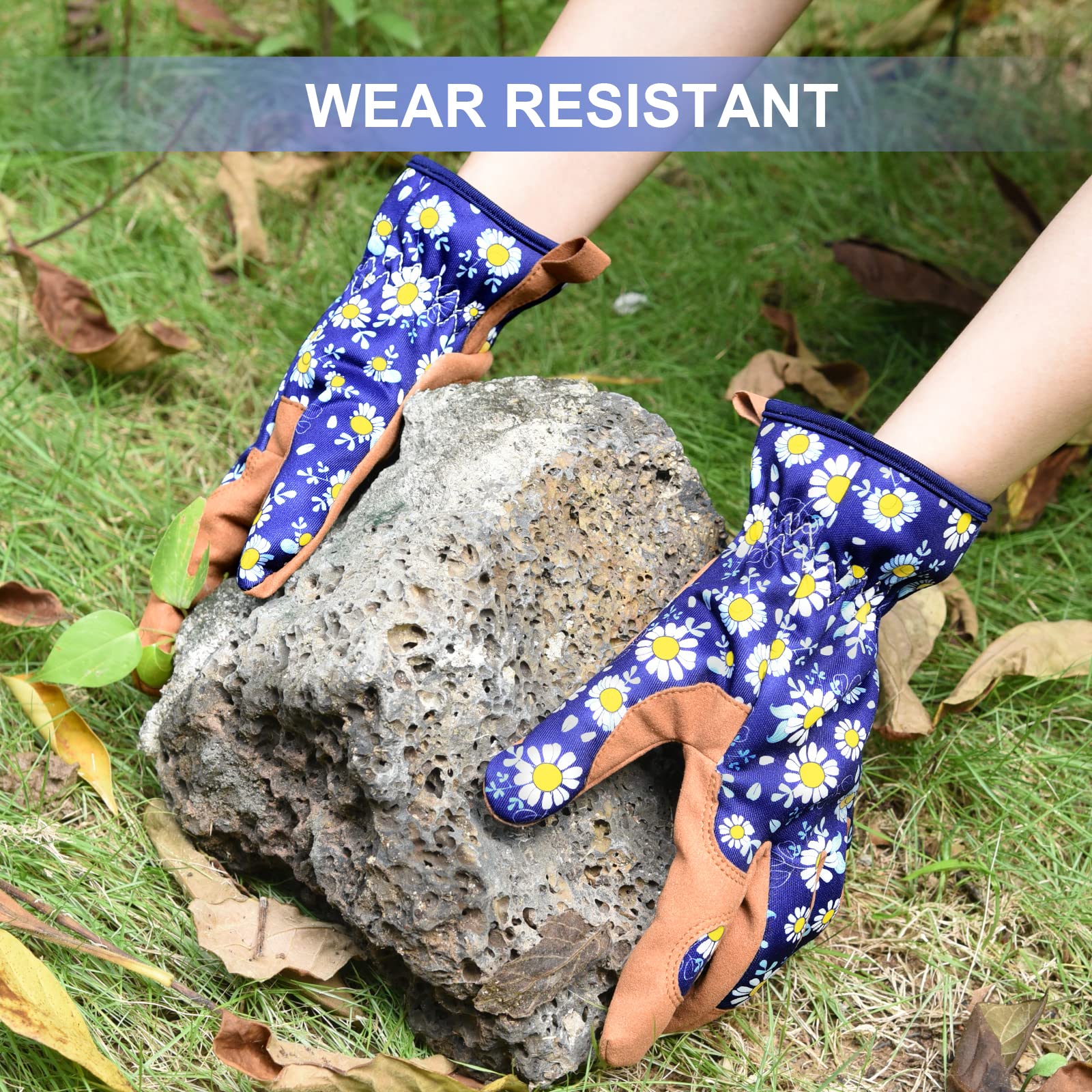 Guantes de jardinería para mujer, guantes de jardín de cuero para mujer, a prueba de espinas, sin puñaladas para excavar, plantar, podar (grande, azul oscuro)
