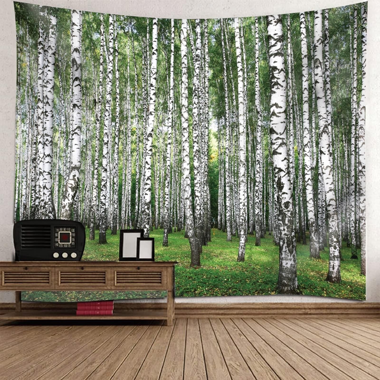 Wystrój salonu estetyczne dekoracje pokoju białe drzewa zielona mikrofibra szer. 240 cm x wys. 240 x 220 cm