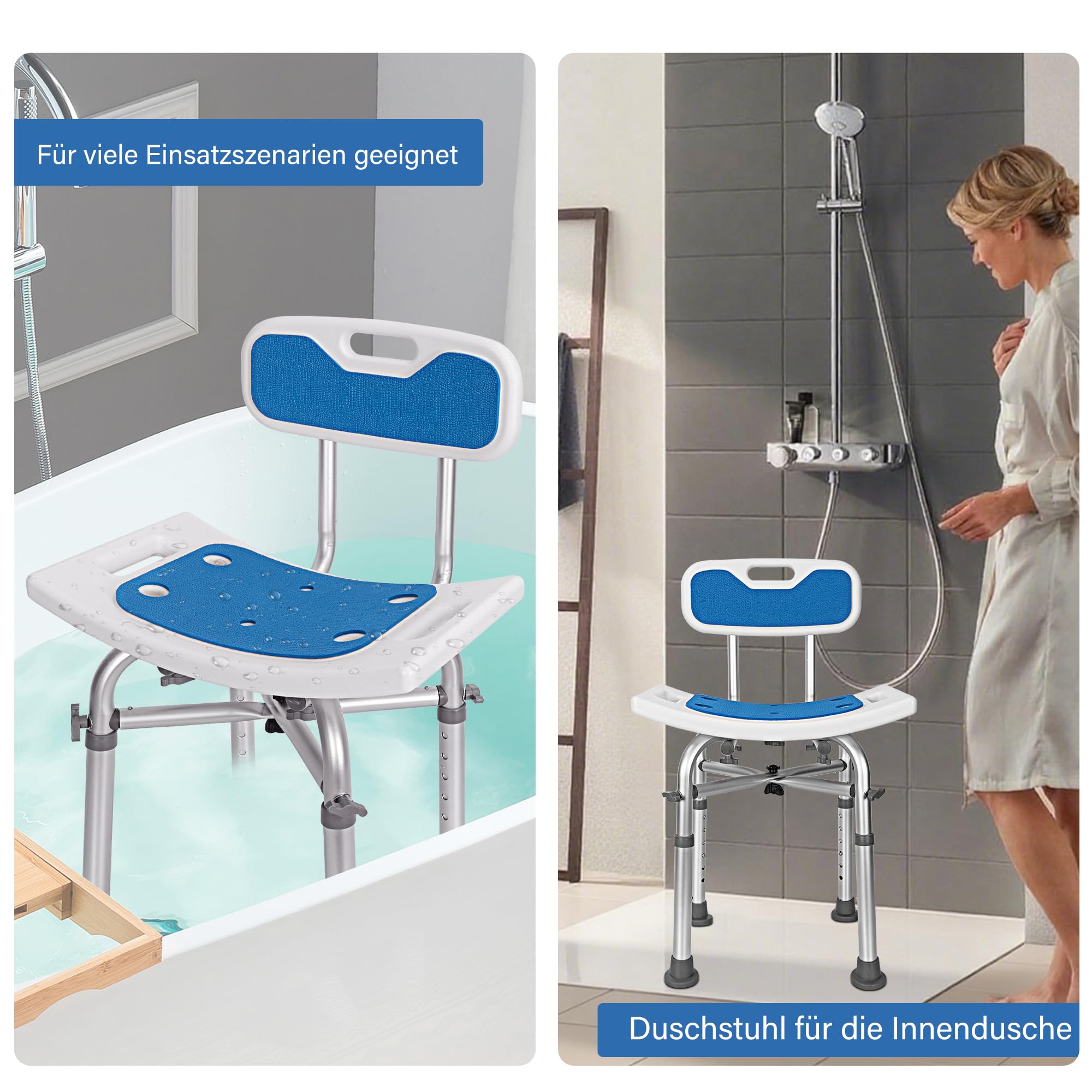 OUUTMEE Sedia da Doccia Con Schienale, Altezza Regolabile in 6 Livelli: 65-77 cm, Sedia da Doccia Per Anziani Con Piedini Antiscivolo, Capacità Massima Di Carico 136 kg