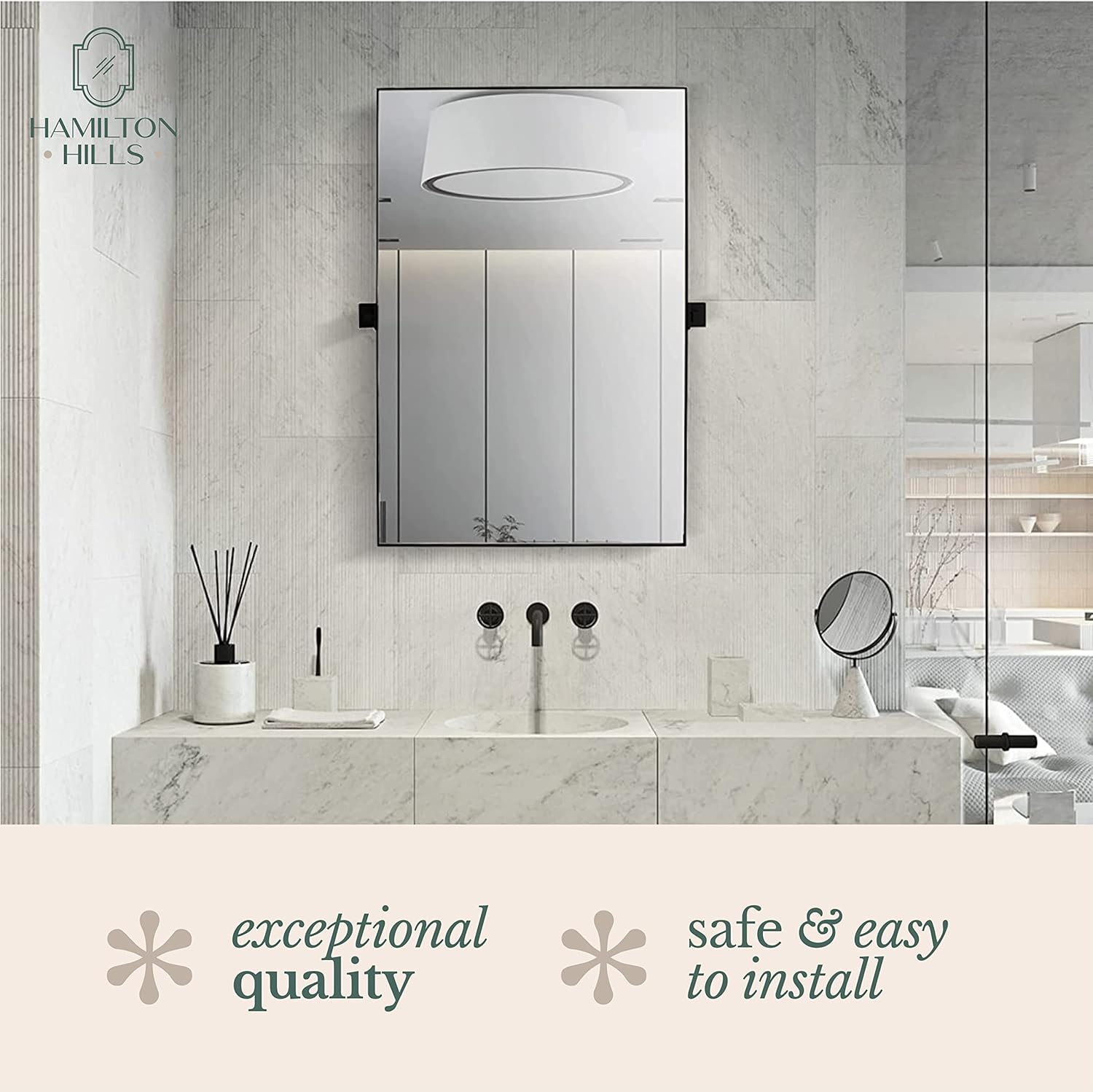 Hamilton Hills 24x36 inch Matte Black Metal Framed Rectangular Pivot Mirror for Wall | Beveled Frame Vanity Mirror Wall Decor | Wall-Mounted Bedroom, Bathroom Mirror with Hinges Brackets Included