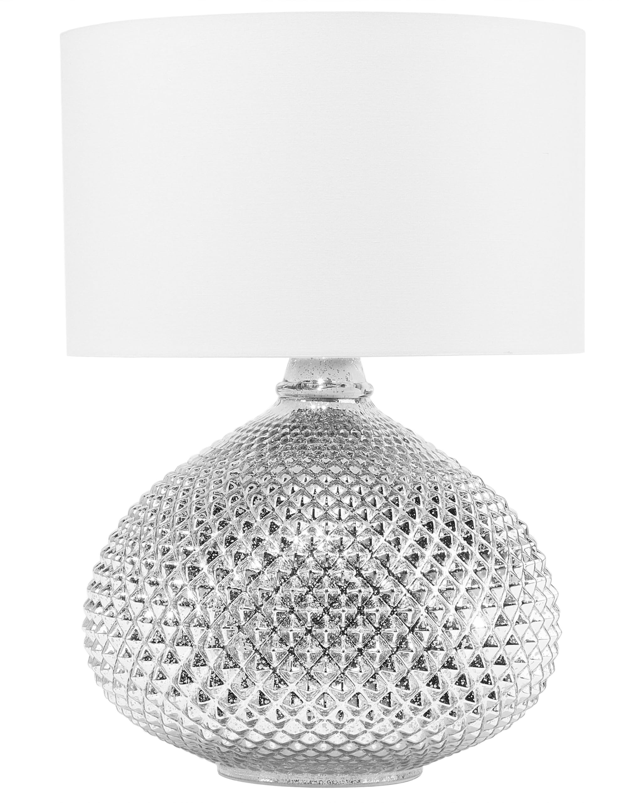 Beliani Lámpara de mesa plateada con pantalla blanca 55 cm base de vidrio de brillo intenso estilo glamour Madon