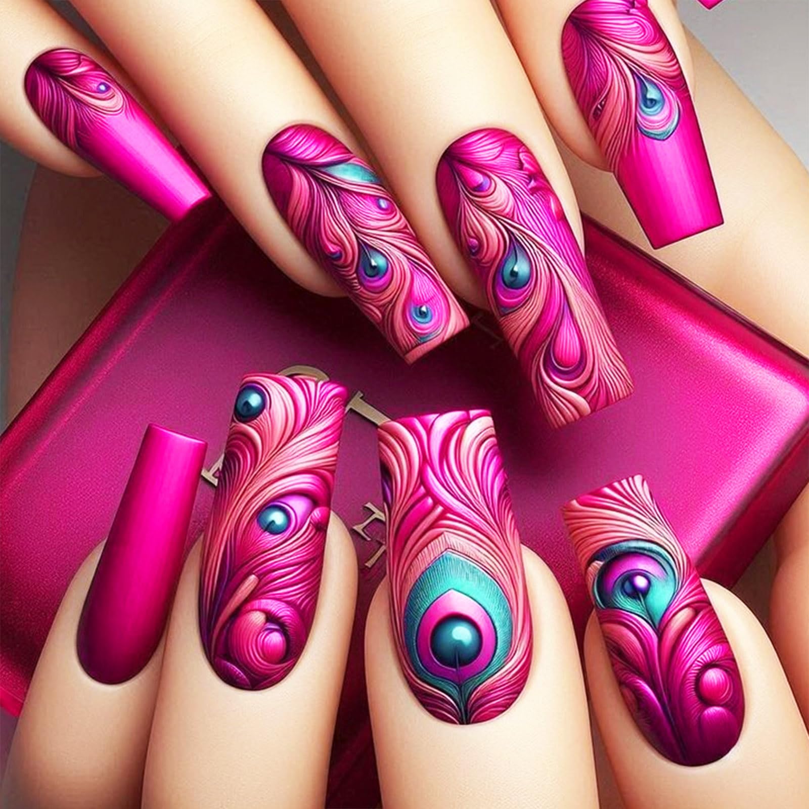 24Pcs Peacock Feather Press on Nails Rose Red Plume Stick on Nails Medium Coffin Acrylic Full Cover False Nails Glossy Blue Feather Eye Fake Nails