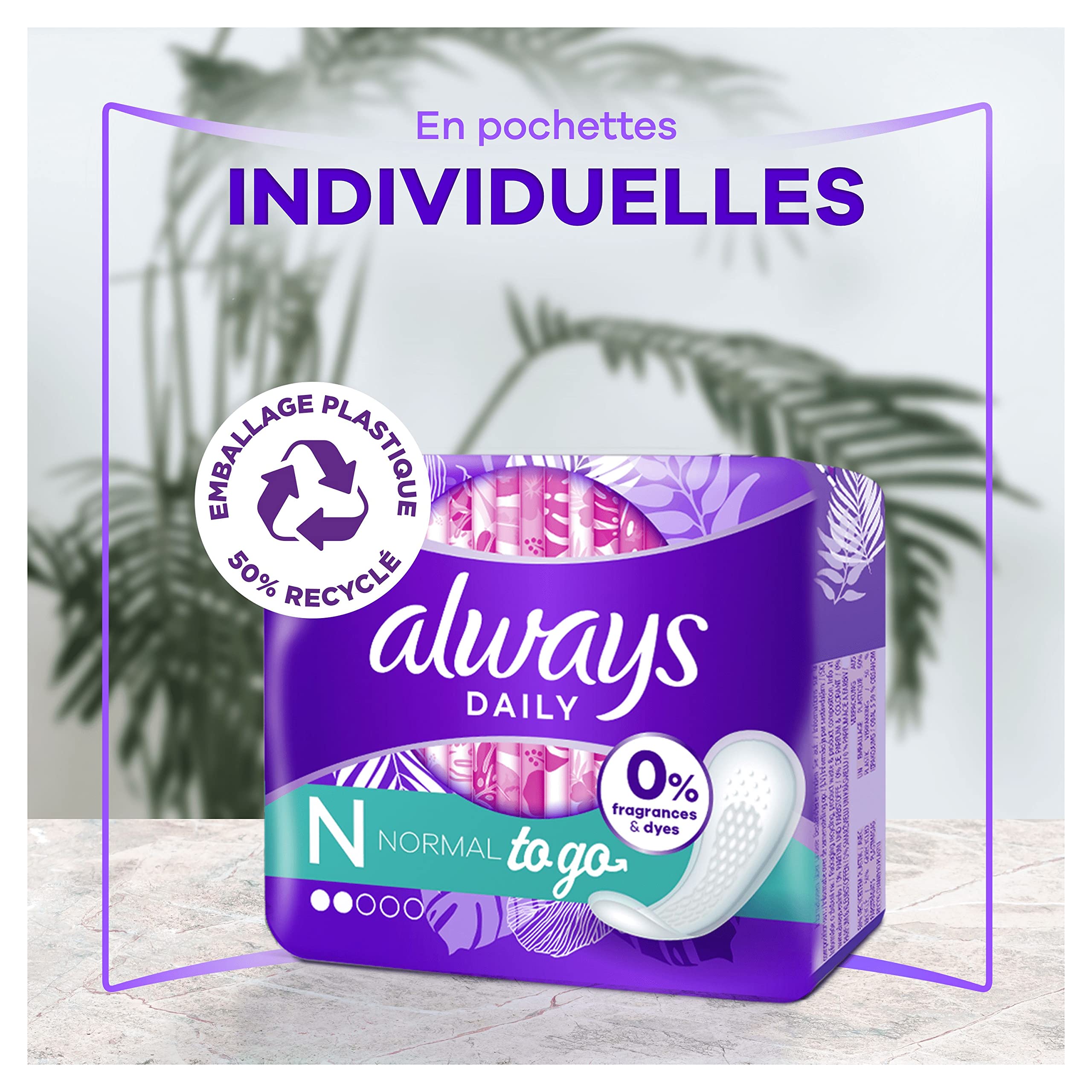 Always Daily Fresh Protège-Slips Normal Pochettes Individuelles 16x20 Unités, 0% de parfum et colorant, Pour ne sentir rien d’autre que fraîcheur et protection