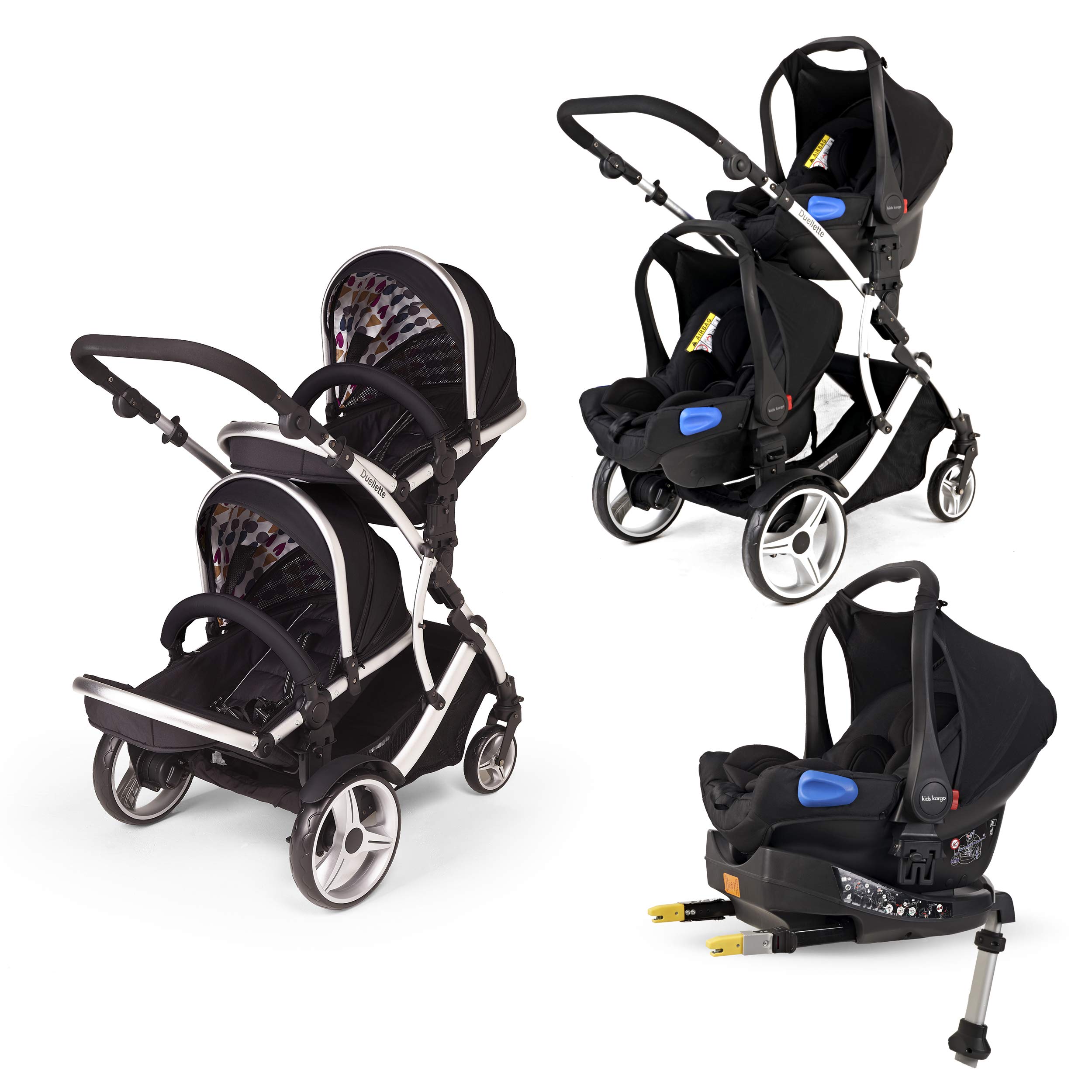 Kids KargoDouble Tandem Duellette Hybrid + 2 Isofix Car Seats and Bases (Black)