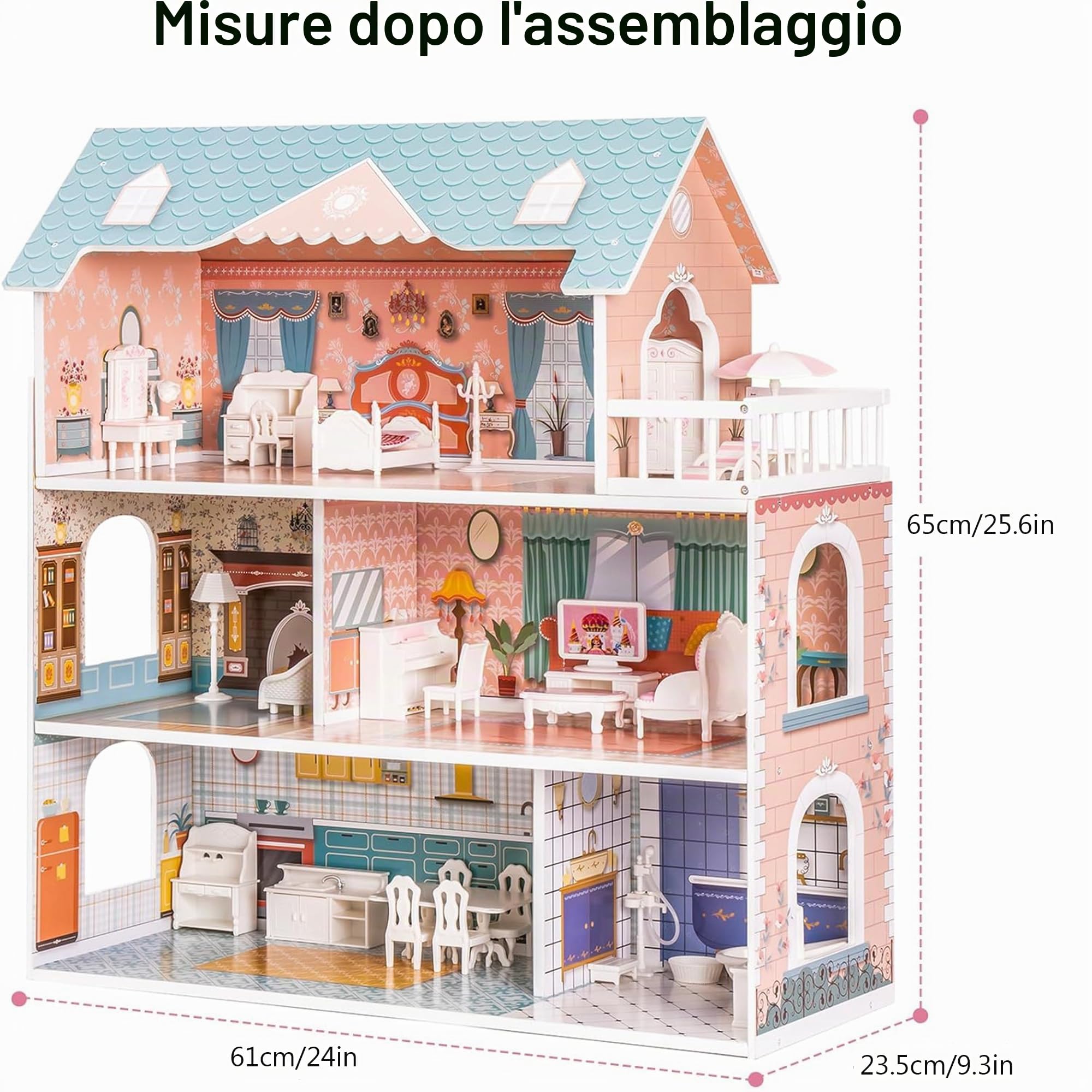 ROBUD Casa delle bambole in legno per bambine e ragazze, regalo giocattolo per 3 4 5 6 anni, con mobili
