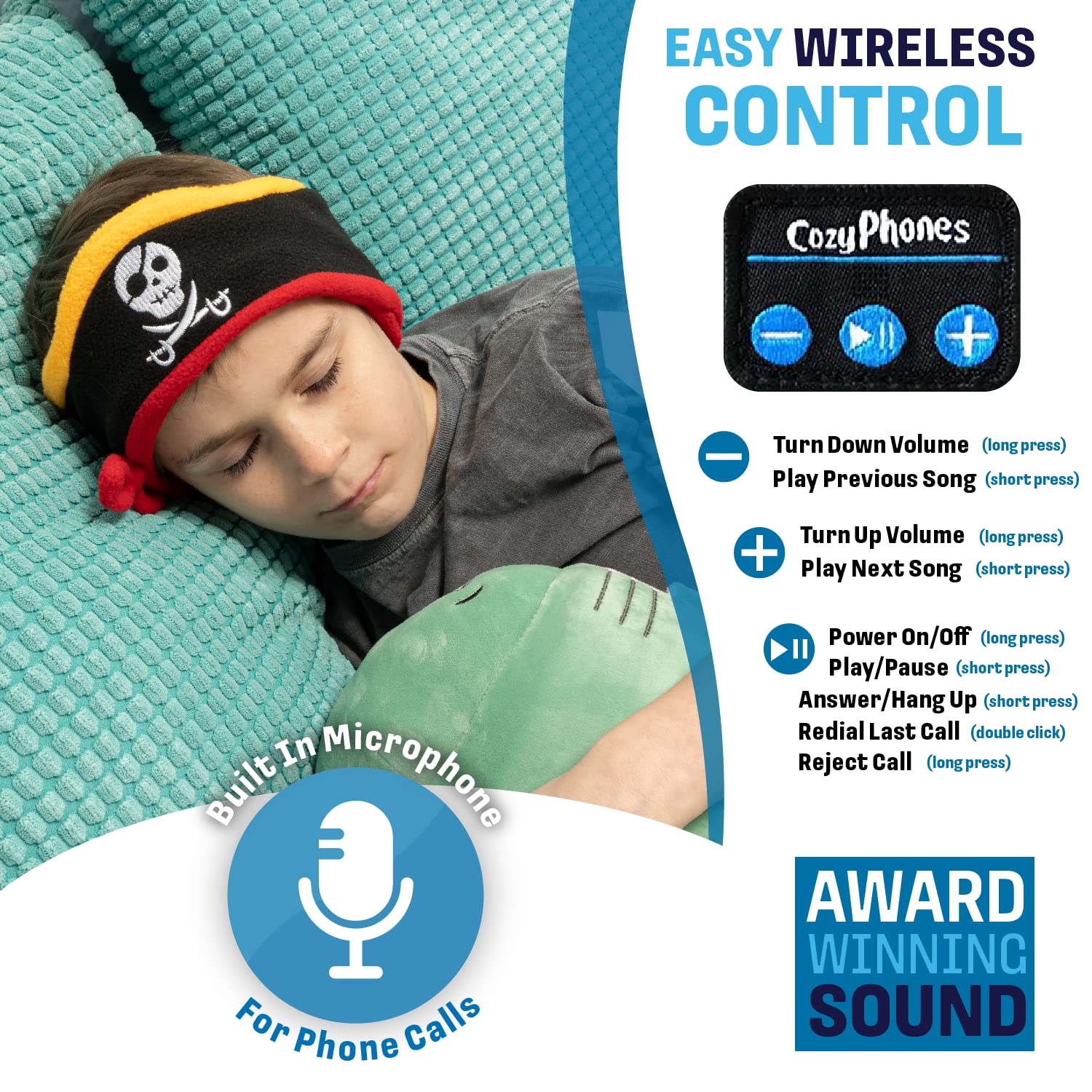 CozyPhones Kids Headphones, Headband Earphones for Children Baby & Toddlers 1-3, Stretchy & Comfy Travel Accessories - Wireless - Pirate 3