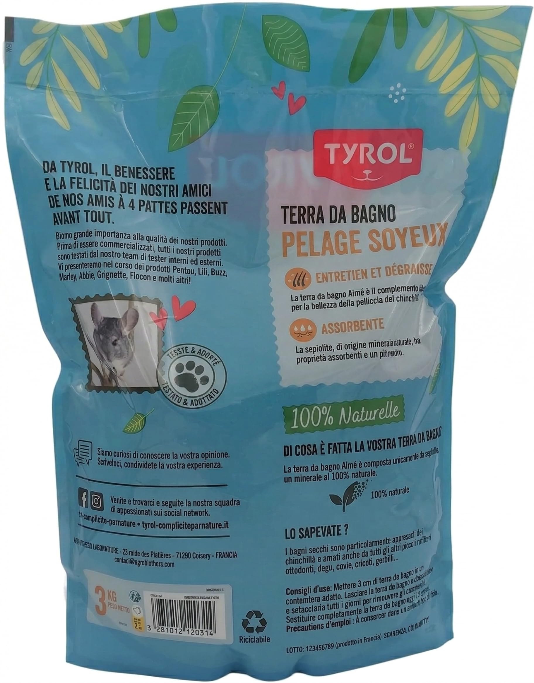 Tyrol Terra da Bagno per cincillà | per cincillà e Piccoli roditori | per Un Pelo setoso e purificato | Mantiene la Pelliccia del cincillà | Igiene e Benessere del roditore | 3 kg