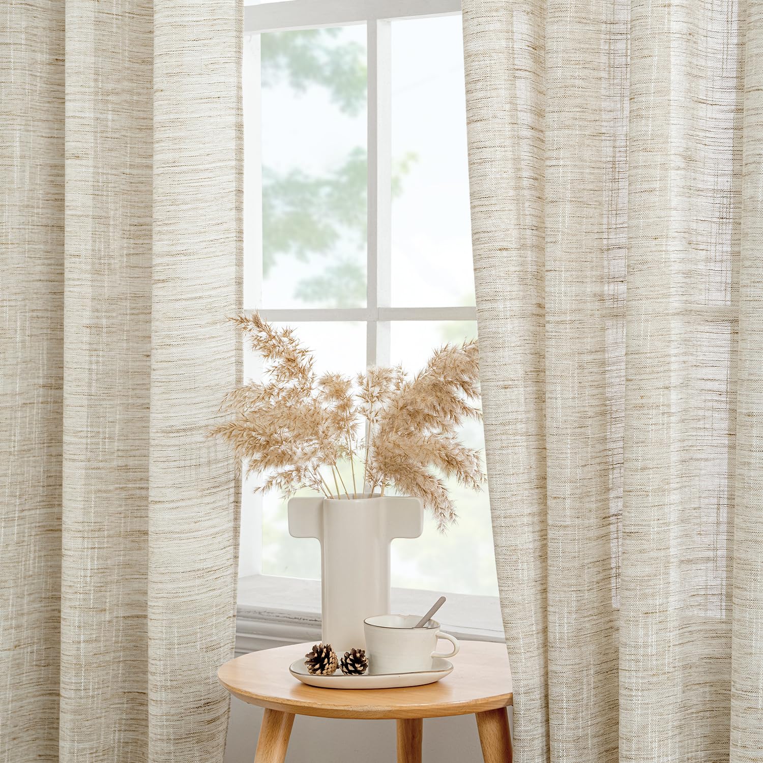 Woaboy Rideaux en Lin avec Ruban Fronceur Rideaux Modernes Translucides pour Salon Fenêtre Chambre Lot de 2, 140x260cm Naturel