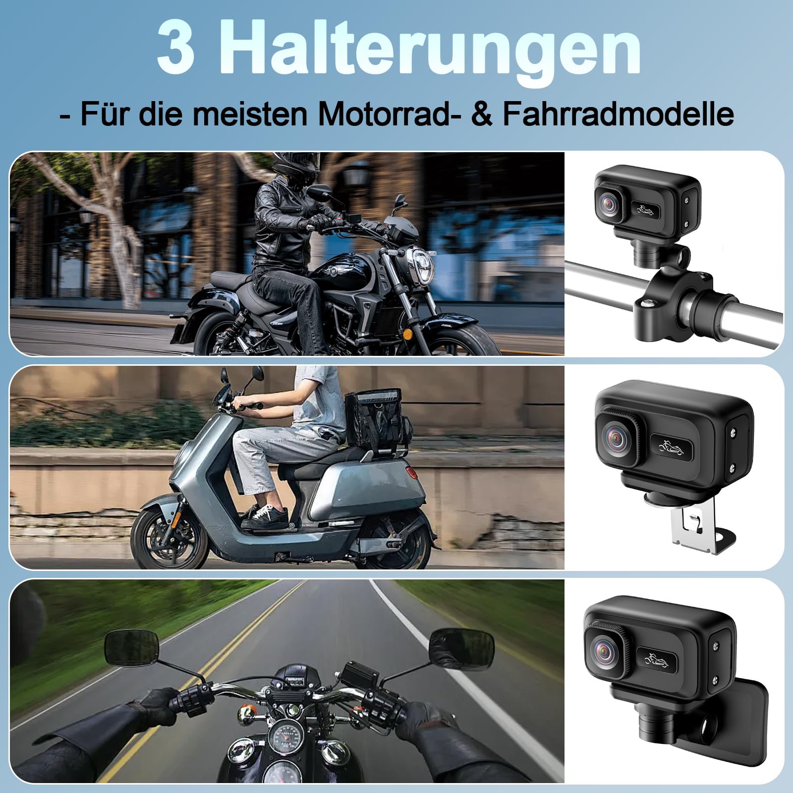 Motorrad Dashcam 2K WLAN 120° Weitwinkel IP65, mit G-Sensor | 64GB inkl., Kondensator (kein Akku), Unfallerkennung, Lenker-/Spiegelhalterung