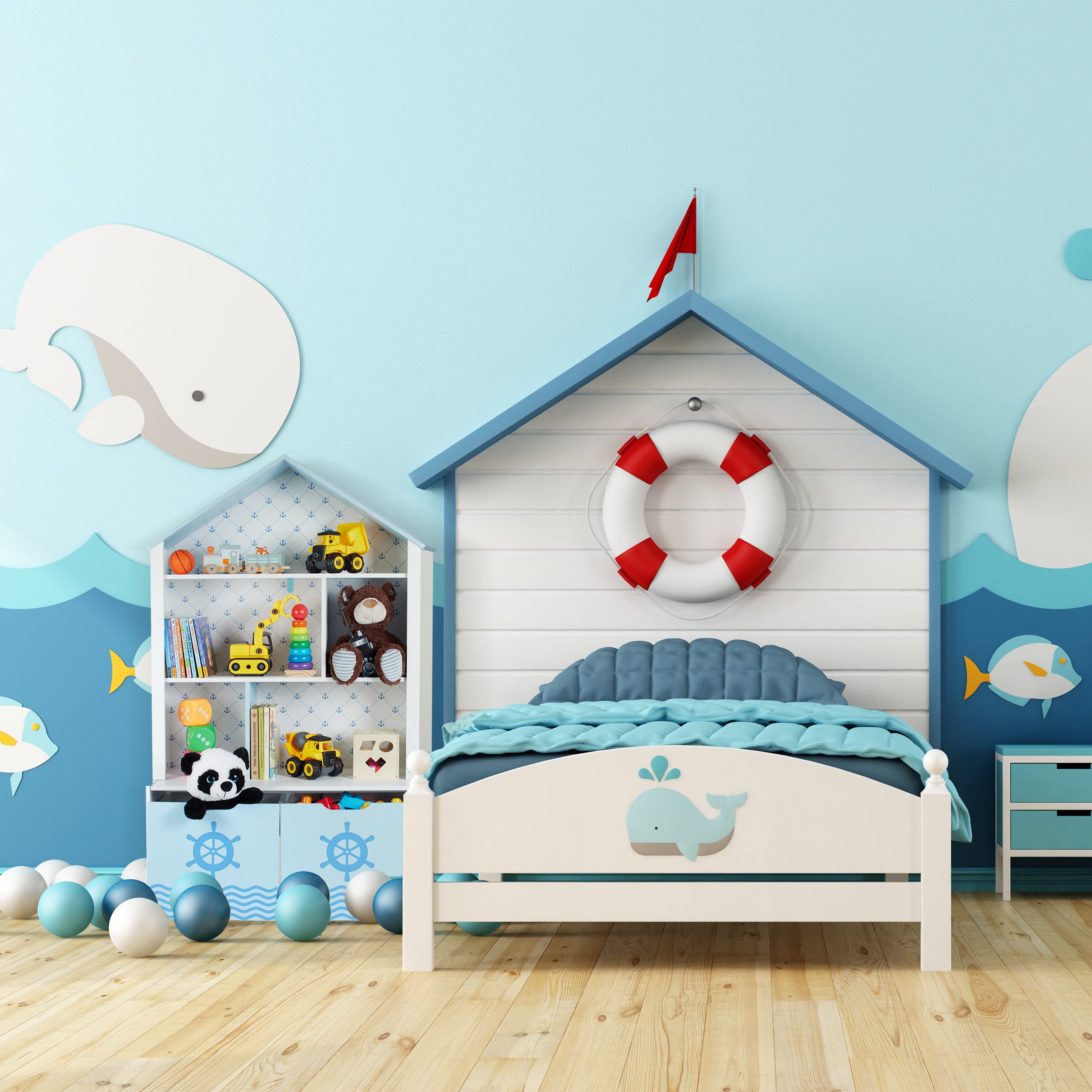 Relaxdays Estantería Infantil, Organizador Juguetes con Timón, 5 Estantes, 2 Cajas con Ruedas, 128x75x34cm, Blanco/Azul, Tablero de Fibras