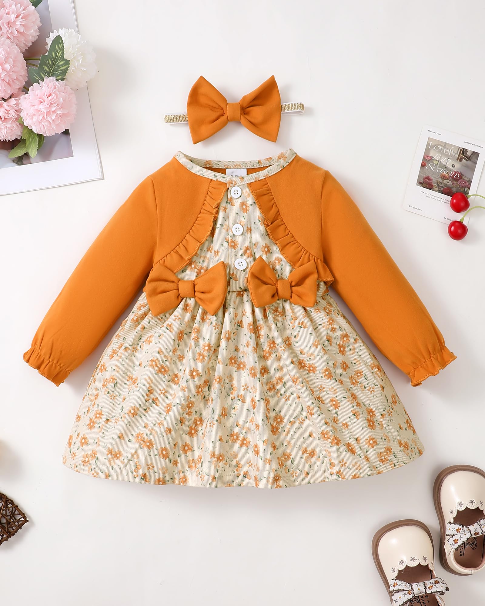 Newborn Baby Girl Dress Long Sleeve Ruffle Floral Orange Dresses Baby Girl Outfit Fall/Winter Dress for Girls 6-9 Months 12 Months