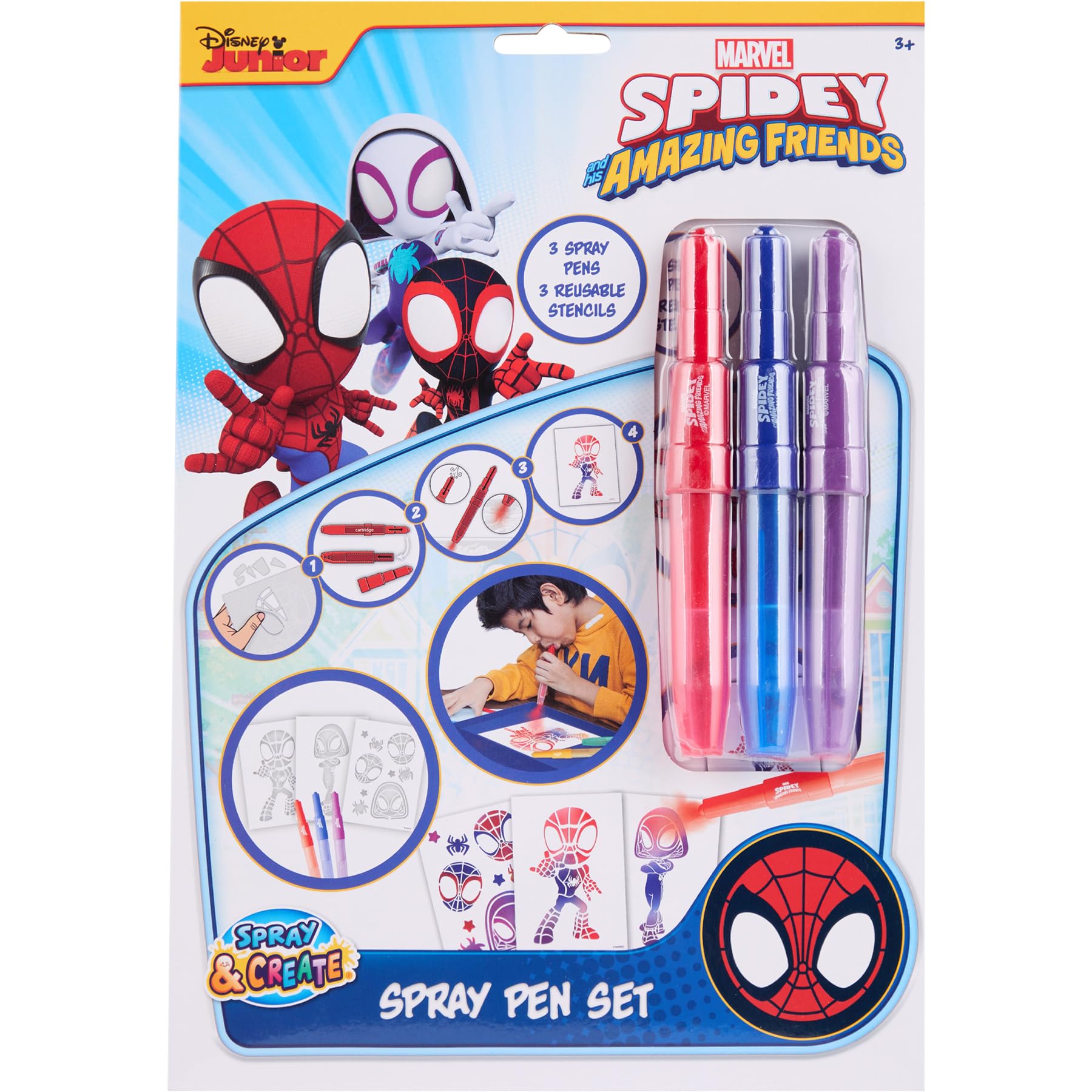Disney - Spidey i jego Super-Przyjaciele - Zestaw markerów do spryskiwania A4 Enveloppe - Pędzelki malarskie dla dzieci - Zestaw do malowania z kredkami i szablonami (SP23363)