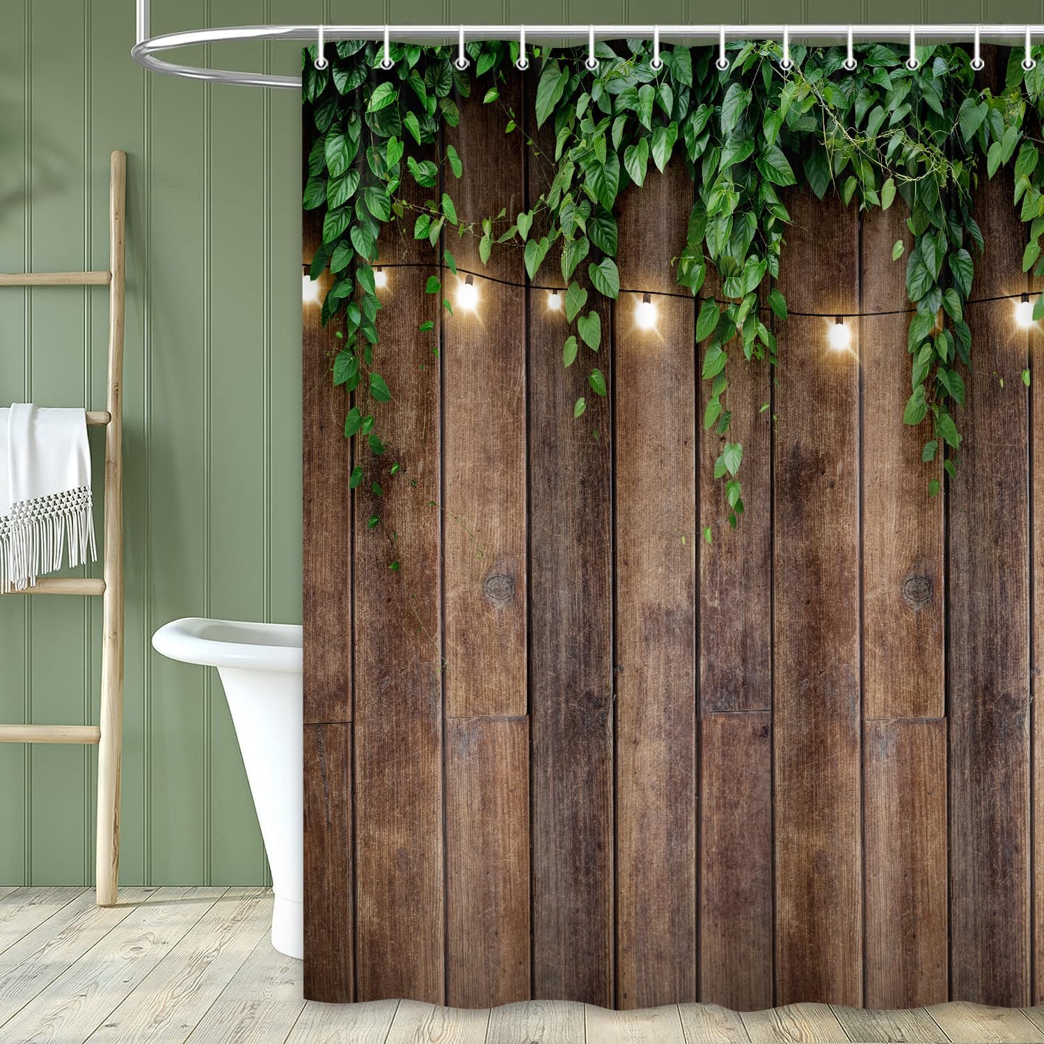 Rustic Outdoor Wall Shower Curtain, Brown Camo Shower Curtain Set for Bathroom, Vintage Wooden Bran Door Green Leaves Fabric Shower Curtain Restroom Bathtub Decor Accessories with Hooks 72X 84 inch