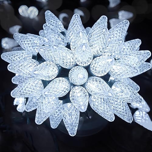 C9 - Tira de luces de Navidad blancas, 66 pies, 100 luces LED facetadas de Navidad en cable verde, luces de cadena de fresa de bombilla grande para