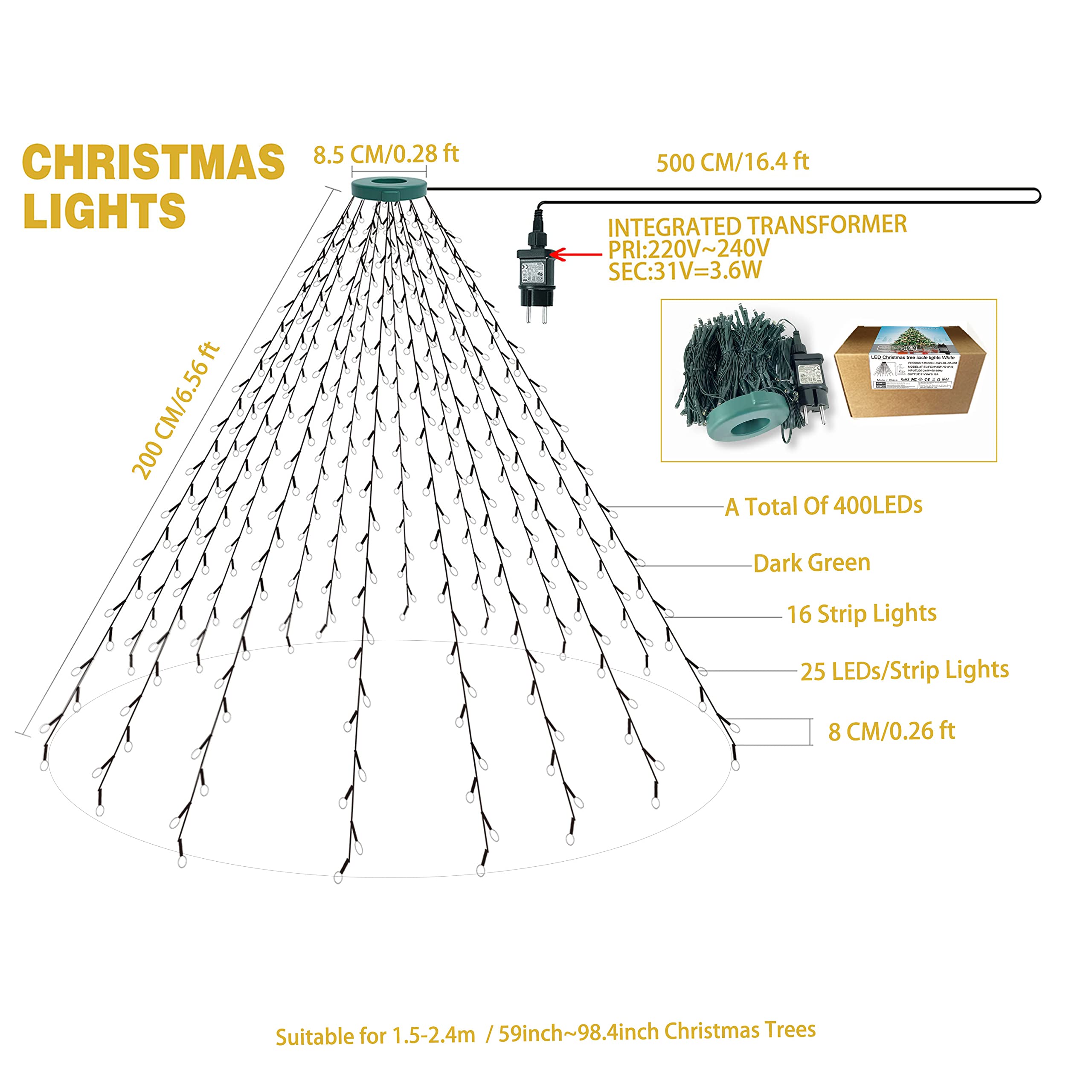 aneeway Luci Albero di Natale - 200cm Catena Luminosa 16 Striscia 400LEDs Lucine Albero di Natale, 8 Modalità Luci di Natale per Albero di Natale da 150-240cm Decorazioni, Bianco Brillante