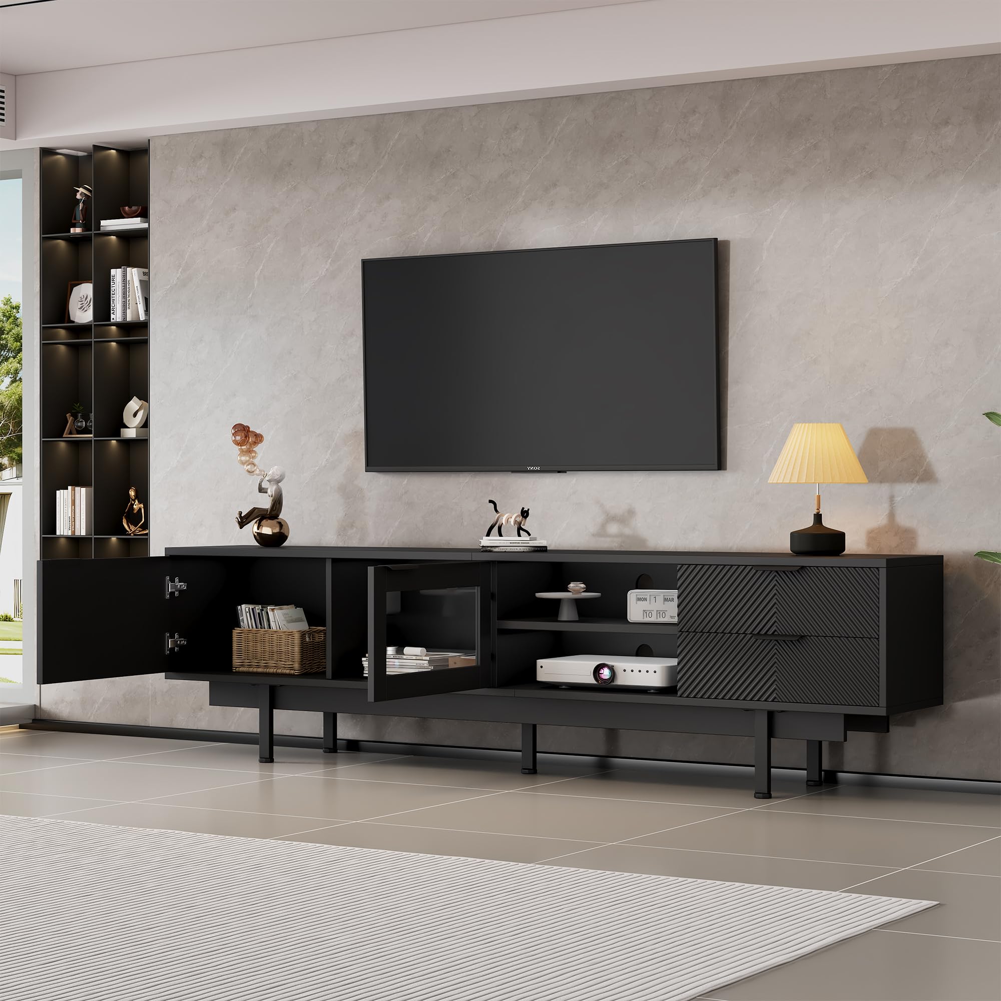 Mueble bajo para TV de 200 cm con 2 puertas y 2 cajones, elegante armario para TV de 80 pulgadas, para salón, mesa de TV, soporte de TV, color negro