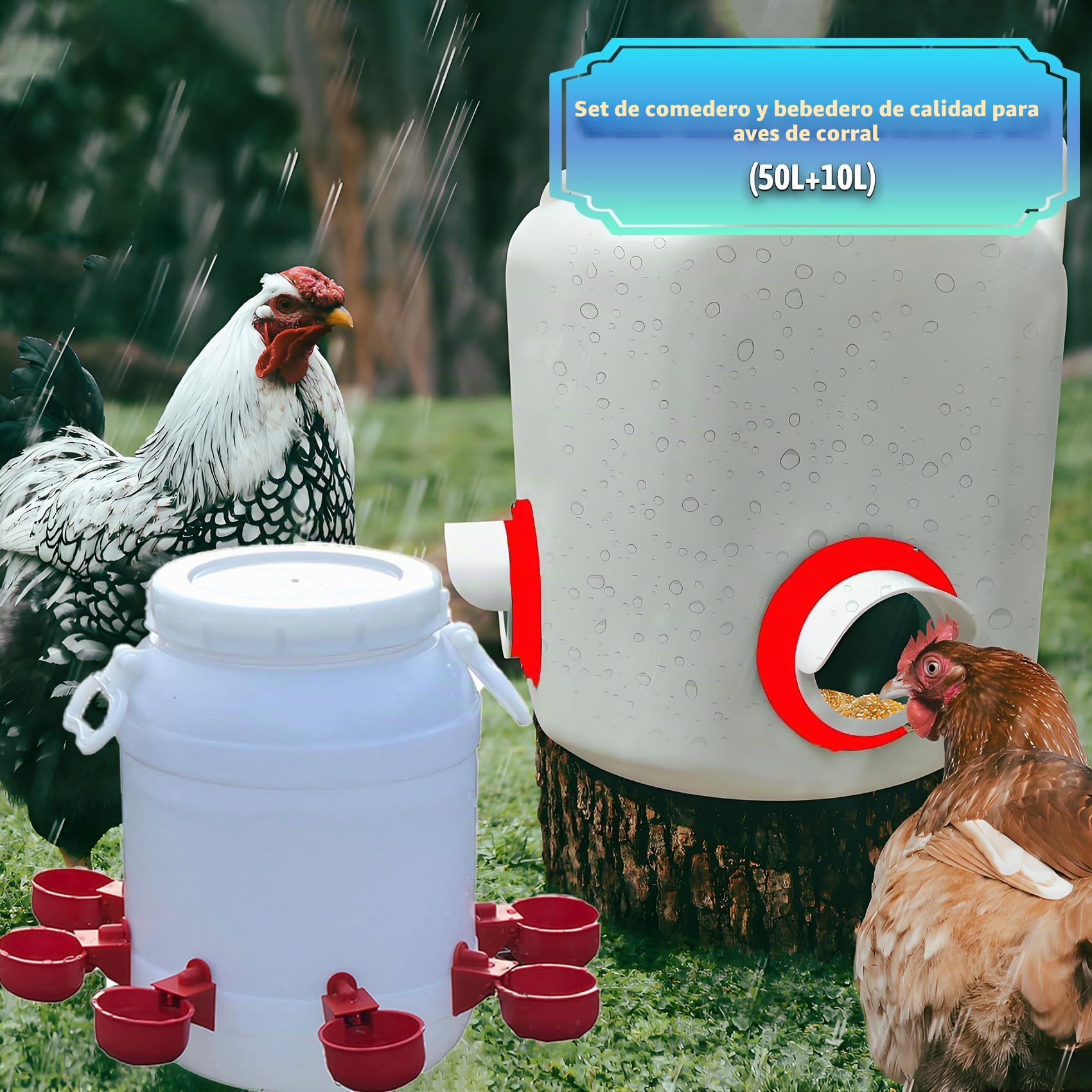 Comedero Automático 50L y Bebedero 10L para Gallinas/Patos - Diseño HDPE Antidesperdicio con Tapa Bloqueable, Sistema de Alimentación Inteligente para Granjas(Size:50L+10L)