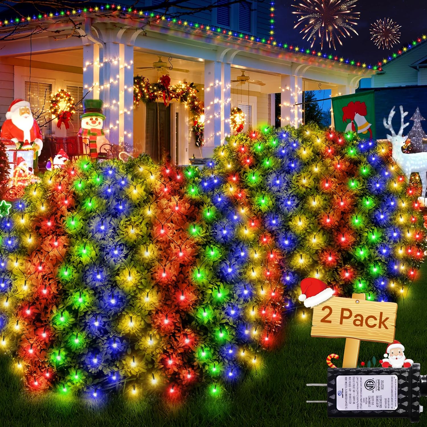 Hezbjiti Christmas Net Lights, 280 LED Mesh Lights 9.8FT x 6.6FT 8 Modes Waterproof Outdoor Christmas Decoration Lights Clear Wire for Bushes, Trees, Lawn, Yard, Garden Party (Multicolor) Multicolor 2PACK Clear Wire